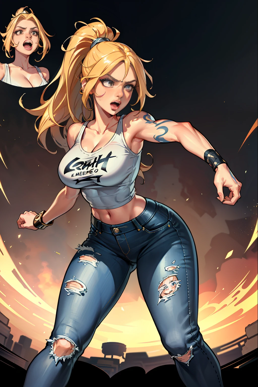 :: JOE MADUREIRA STYLE:: BEAUTIFUL WOMAN perfect and detailed, ultra detailed style clothes with tatoon designs and colors of light pink, black, white and gray, with various full-body attack poses and with immersive effects, hover effect, graphite style background with vibrant colors "ultra hdr" detailed, focus effect, sneakers all star converse black (masterpiece:  1.2, best quality), (finely detailed beautiful eyes: 1.2), extremely detailed hair, depth of field,shot with Canon EOS,lens 135mm f1.8,portrait of [x]((1Girl Kelly Brook Beautiful Woman )),long hair, straight and bright yellow black,with a natural glow and stuck like ponytail ((Solo)), (Ultra detailed eyes:1.4), (Finely detailed eyes and detailed face:1.3), ), (With ULTRA DETAILED jeans and a white t-shirt with full ultra detailed tatoom print:1.3),(torn outfit), (Beautiful and clear background:1.2), (Extremely detailed CG, Ultra-detailed, Best Shadow:1.1),("" character with his super power in the right fist"")((Depth of field and blur)), ((Watercolor)), Large breasts, Bare shoulders, Flowers and petals, Beautiful conceptual illustration , (white background:0.5),  (Illustration :1.1), (extremely fine and beautiful: 1.1), (perfect details: 1.1) graffiti style background, freedom, screaming very loud, with angry face releasing too much power, digital illustration, perfect anatomy, centered, approaching perfection, dynamic, highly detailed, watercolor painting, artstation, concept art, smooth, sharp focus, illustration, perfect anatomy, centered, approaching perfection, dynamic, highly detailed, character sheet,  artstation, concept art, smooth, sharp focus, illustration, full body shot, character sheet, lightning wave, beautiful anime watercolor painting,