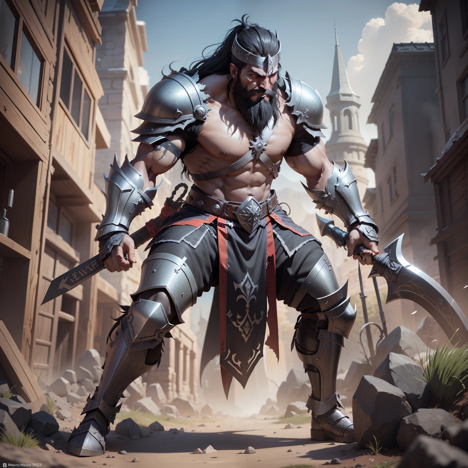Warrior with closed dark metal armor, Berserker Armor, Metal helmet, full body, axe in each hand, red eyes, detailed mouth, defined and detailed eyes, defined and detailed nose, long beard, perfect teeth, shoulder hair, black hair, Guts, Berserker, Knights of the Zodiac 3 d render character art 8 k, 3 d character art, male warrior, digital fantasy character, realistic character concept, unreal 3d engine