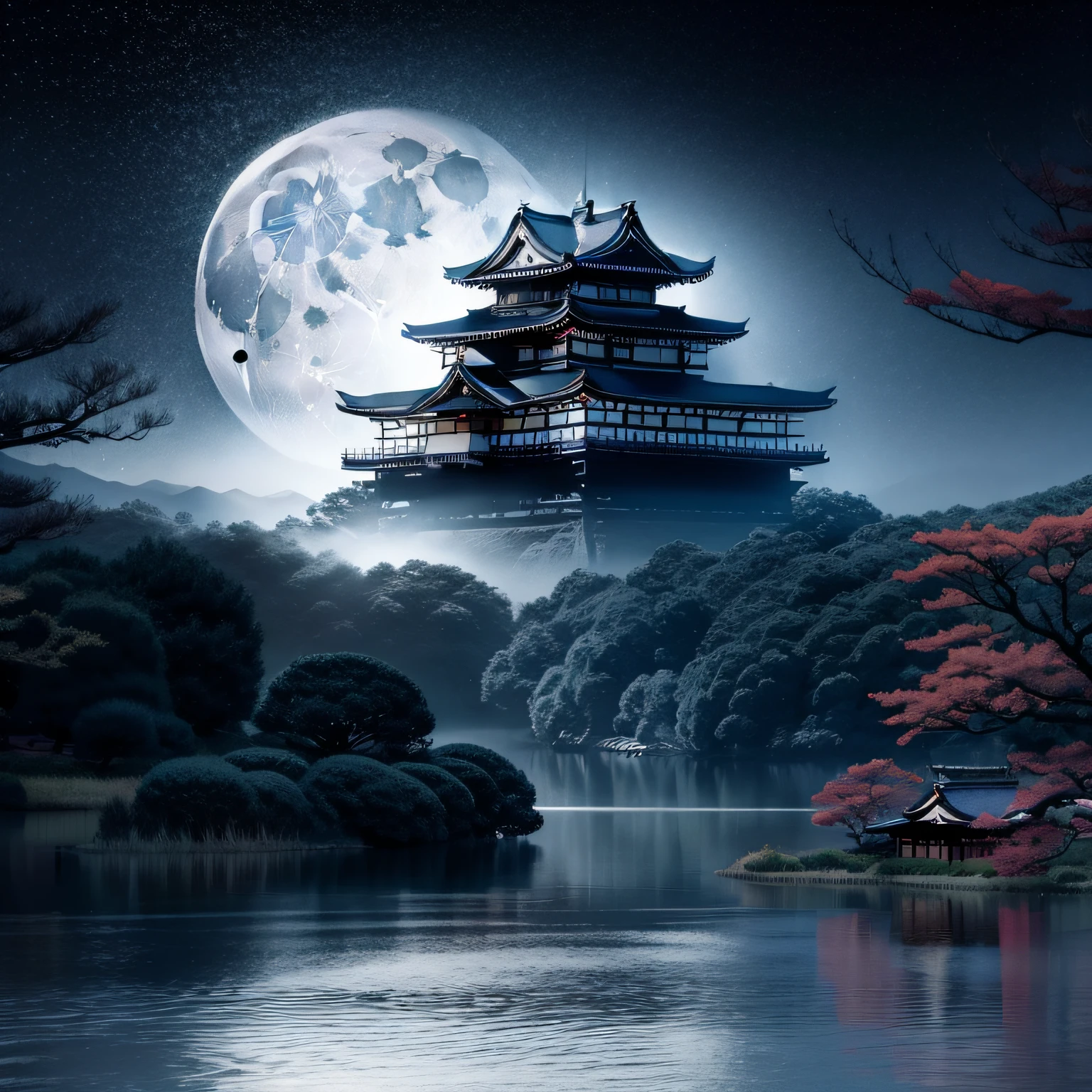 Japan castle and river painted in the style of high quality ink landscape painting, midnight, after sunset, full moon, aspect ratio 3:2