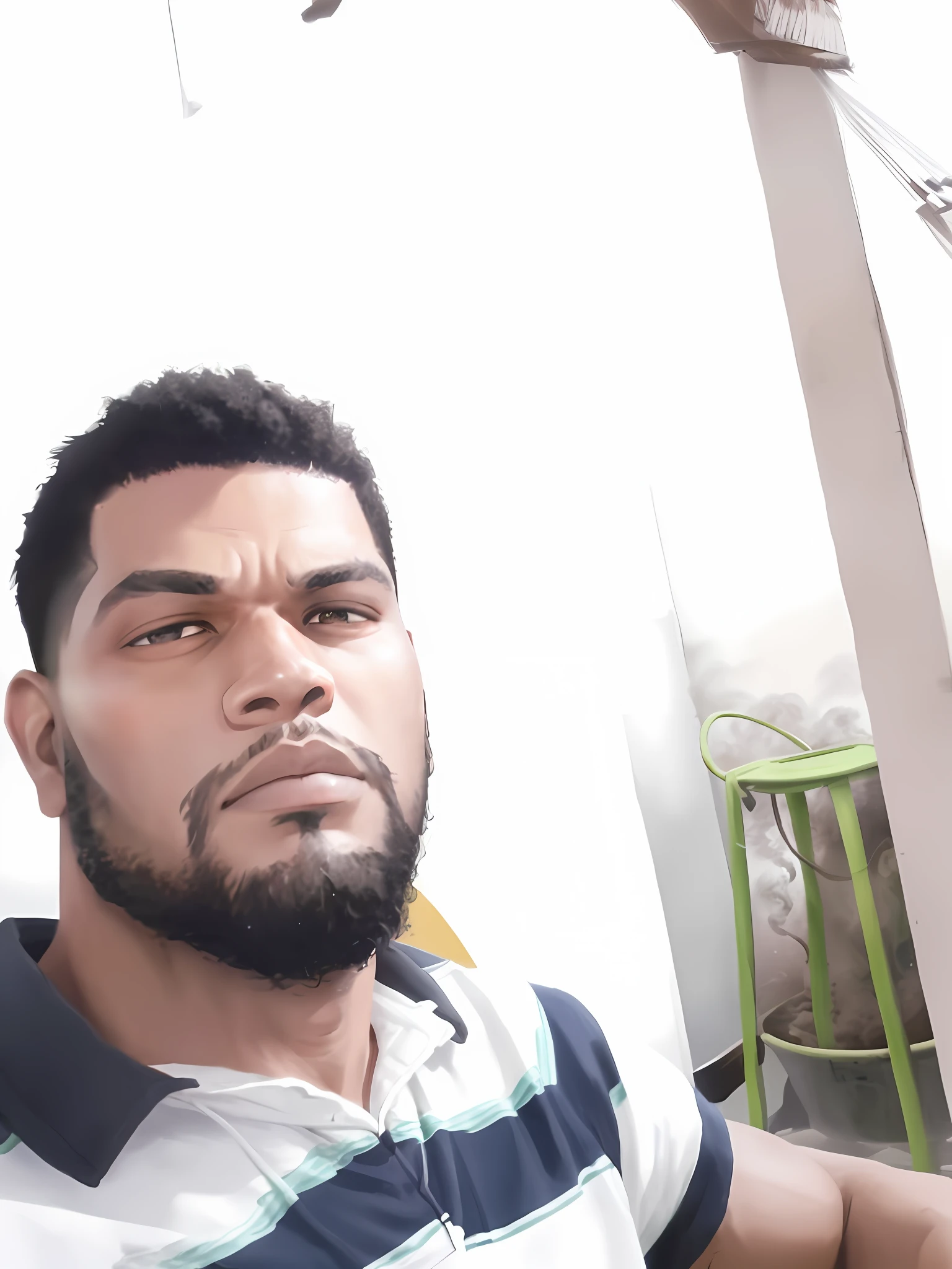 28-year-old man with beard, brown skin GTA San Andreas, looking at the viewer, solo, upper body, ((masterpiece)), (best quality), (extremely detailed), depth of field, sketch, intense dark shadows, sharp focus, soft lighting, hdr, colorful, good composition, smoke around, spectacular, closed shirt, screencap anime, ready to fight, black eyes, outdoors, night