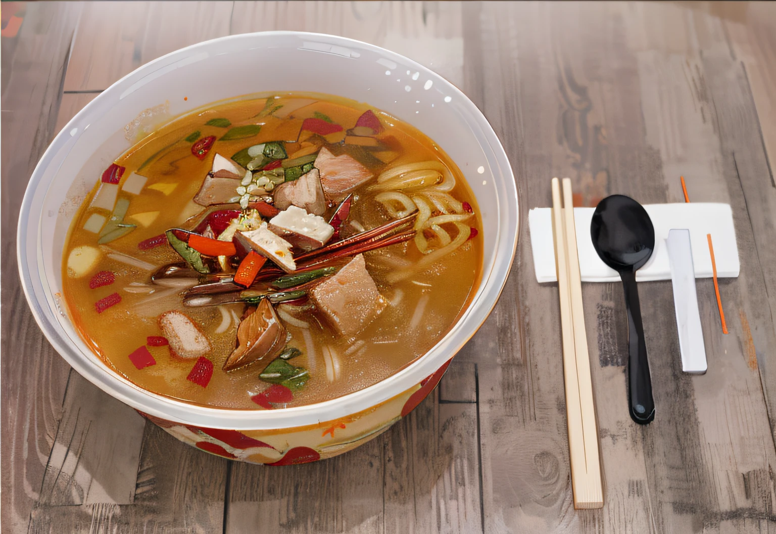 There is a bowl of soup with chopsticks and spoon, soup, delicious, healthy, hot food, warm sunshine, realistic photos delicious pho, Sichuan, delicious, warm, ramen, Chinese food, chicken, very delicious, good soup, super delicate 8k CG.