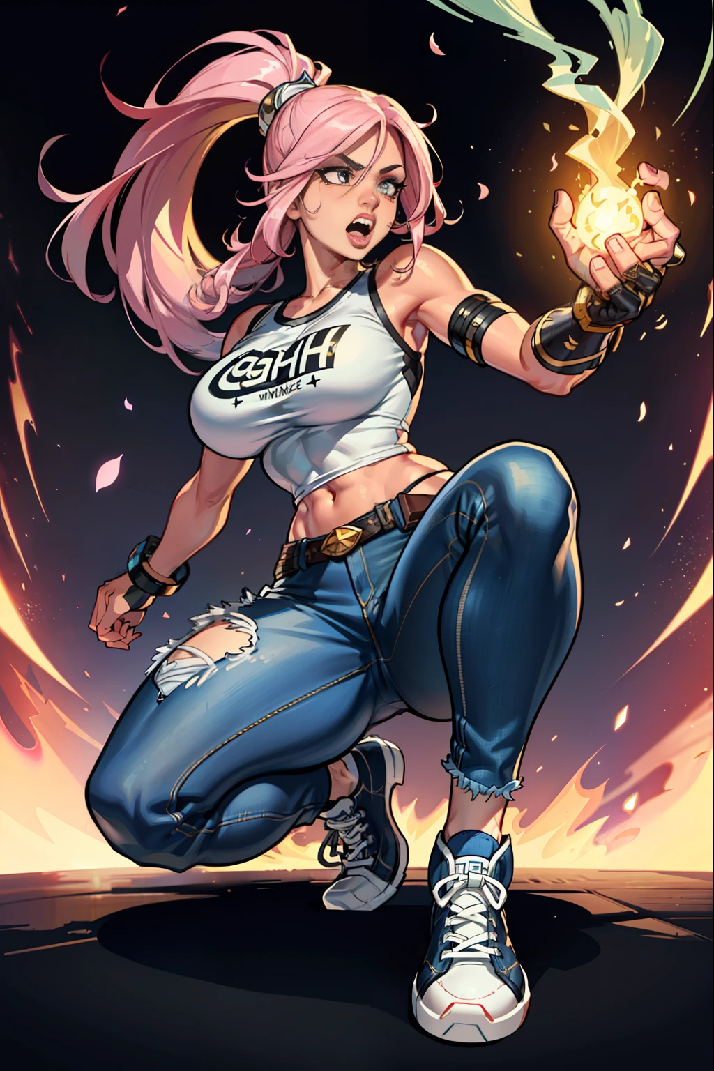 :: JOE MADUREIRA STYLE:: BEAUTIFUL WOMAN perfect and detailed, ultra detailed style clothes with tatoon designs and colors of light pink, black, white and gray, with various full-body attack poses and with immersive effects, hover effect, graphite style background with vibrant colors "ultra hdr" detailed, focus effect, sneakers all star converse black (masterpiece:  1.2, best quality), (finely detailed beautiful eyes: 1.2), extremely detailed hair, depth of field,shot with Canon EOS,lens 135mm f1.8,portrait of [x]((1Girl Kelly Brook Beautiful Woman )),long hair, straight and bright yellow black,with a natural glow and stuck like ponytail ((Solo)), (Ultra detailed eyes:1.4), (Finely detailed eyes and detailed face:1.3), ), (With ULTRA DETAILED jeans and a white t-shirt with full ultra detailed tatoom print:1.3),(torn outfit), (Beautiful and clear background:1.2), (Extremely detailed CG, Ultra-detailed, Best Shadow:1.1),("" character with his super power in the right fist"")((Depth of field and blur)), ((Watercolor)), Large breasts, Bare shoulders, Flowers and petals, Beautiful conceptual illustration , (white background:0.5),  (Illustration :1.1), (extremely fine and beautiful: 1.1), (perfect details: 1.1) graffiti style background, freedom, screaming very loud, with angry face releasing too much power, digital illustration, perfect anatomy, centered, approaching perfection, dynamic, highly detailed, watercolor painting, artstation, concept art, smooth, sharp focus, illustration, perfect anatomy, centered, approaching perfection, dynamic, highly detailed, character sheet,  artstation, concept art, smooth, sharp focus, illustration, full body shot, character sheet, lightning wave, beautiful anime watercolor painting,