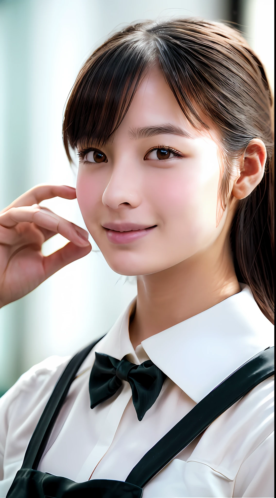 Highly detailed full body dark green apron, black bow tie, (((extreme close-up)), (pale), 18 year old perfect face girl, big breasts, girl alone, solo, (detailed face), (perfect detailed eyes: 1.1), (very detailed skin: 1.1), sliver necklace, slim, skinny, thin, skinny, skinny, handsome, waiter, perfect athletic body, white shirt, Model Shoot Style, Professional Photo, Photorealistic, Cinematic, Realistic, Sunset, Cafe Background, Real Human Skin, (Detailed Skin Pore), Highly Detailed Eyes, Detailed Skin, Skin Texture, Intricately Detailed, Fine Detail, Raw, Analog, Sharp Focus, Raw, 8K UHD, High Resolution, DSLR, High Quality, Fujifilm XT3, Award-Winning, Masterpiece, Cafe, cappuccino, landscape making latte art, (high definition skin: 1.4), (RAW photo, highest quality), (realistic, photorealistic: 1.7), smile, cute pose, cheek pinching