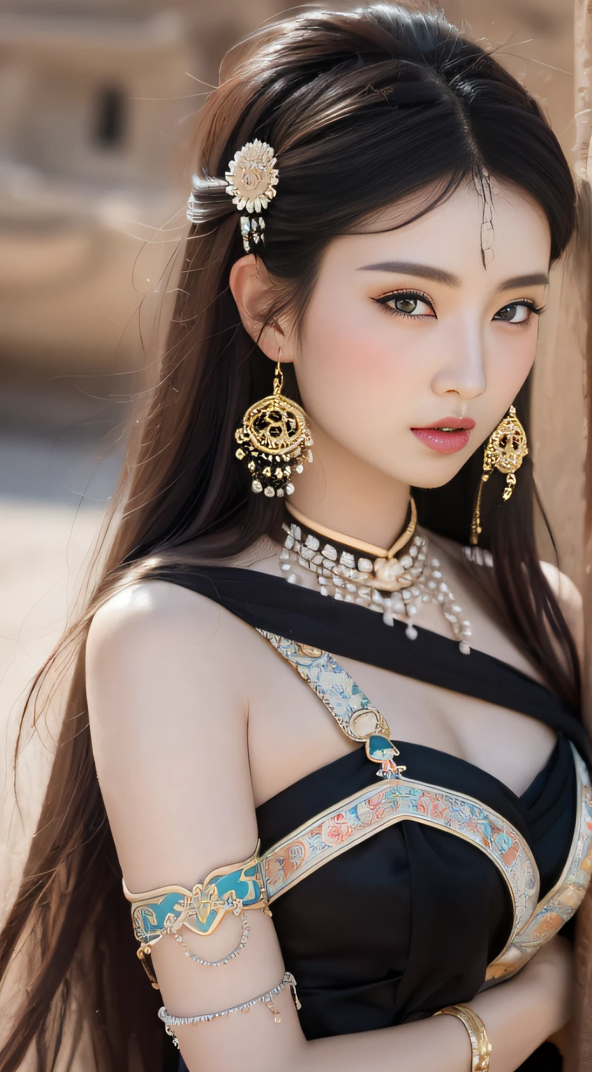 Masterpiece, (best quality: 1.3), super high resolution, original photos, detailed skins, beautiful lighting, (realistic, realistic: 1.4), 1girl, Dunhuang, Gobi Desert