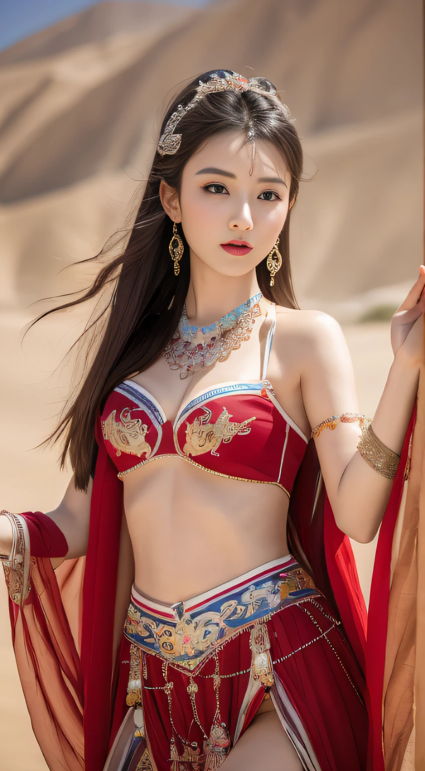 Masterpiece, (best quality: 1.3), super high resolution, original photos, detailed skins, beautiful lighting, (realistic, realistic: 1.4), 1girl, Dunhuang, Gobi Desert