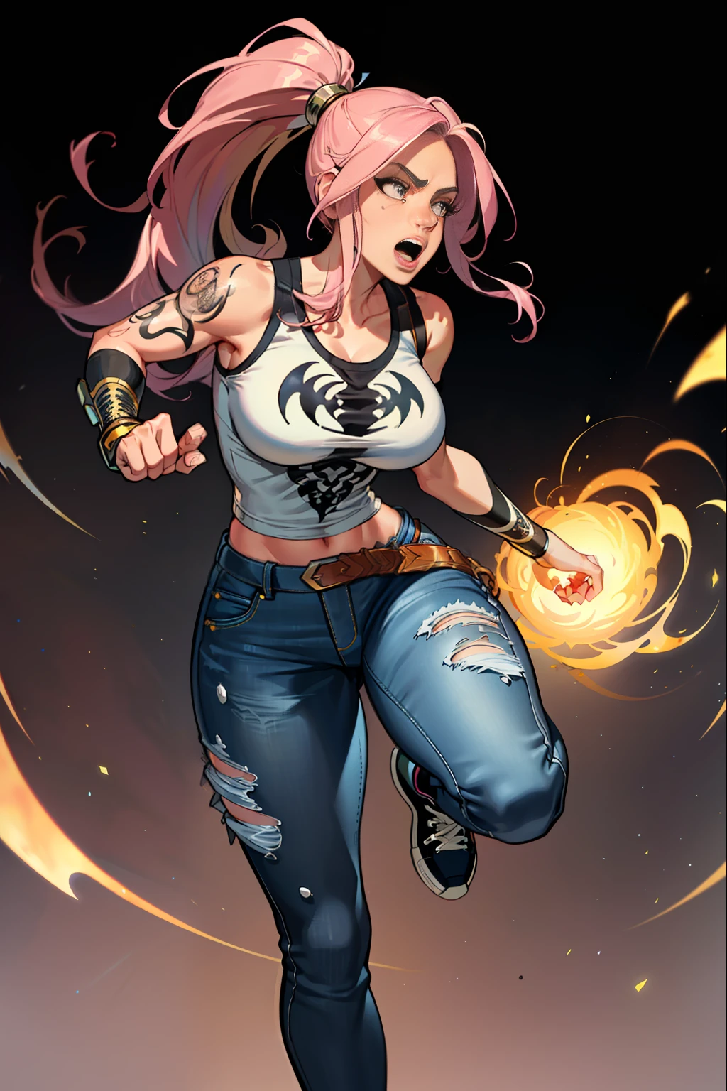 :: JOE MADUREIRA STYLE:: BEAUTIFUL WOMAN perfect and detailed, ultra detailed style clothes with tatoon designs and colors of light pink, black, white and gray, with various full-body attack poses and with immersive effects, hover effect, graphite style background with vibrant colors "ultra hdr" detailed, focus effect, sneakers all star converse black (masterpiece:  1.2, best quality), (finely detailed beautiful eyes: 1.2), extremely detailed hair, depth of field,shot with Canon EOS,lens 135mm f1.8,portrait of [x]((1Girl Kelly Brook Beautiful Woman )),long hair, straight and bright yellow black,with a natural glow and stuck like ponytail ((Solo)), (Ultra detailed eyes:1.4), (Finely detailed eyes and detailed face:1.3), ), (With ULTRA DETAILED jeans and a white t-shirt with full ultra detailed tatoom print:1.3),(torn outfit), (Beautiful and clear background:1.2), (Extremely detailed CG, Ultra-detailed, Best Shadow:1.1),("" character with his super power in the right fist"")((Depth of field and blur)), ((Watercolor)), Large breasts, Bare shoulders, Flowers and petals, Beautiful conceptual illustration , (white background:0.5),  (Illustration :1.1), (extremely fine and beautiful: 1.1), (perfect details: 1.1) graffiti style background, freedom, screaming very loud, with angry face releasing too much power, digital illustration, perfect anatomy, centered, approaching perfection, dynamic, highly detailed, watercolor painting, artstation, concept art, smooth, sharp focus, illustration, perfect anatomy, centered, approaching perfection, dynamic, highly detailed, character sheet,  artstation, concept art, smooth, sharp focus, illustration, full body shot, character sheet, lightning wave, beautiful anime watercolor painting,