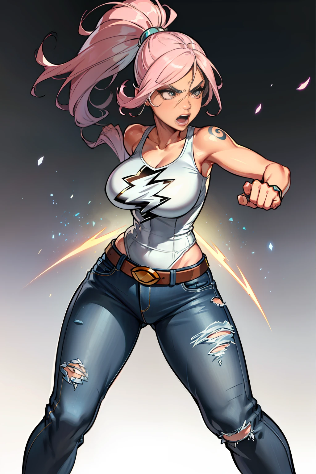 :: JOE MADUREIRA STYLE:: BEAUTIFUL WOMAN perfect and detailed, ultra detailed style clothes with tatoon designs and colors of light pink, black, white and gray, with various full-body attack poses and with immersive effects, hover effect, graphite style background with vibrant colors "ultra hdr" detailed, focus effect, sneakers all star converse black (masterpiece:  1.2, best quality), (finely detailed beautiful eyes: 1.2), extremely detailed hair, depth of field,shot with Canon EOS,lens 135mm f1.8,portrait of [x]((1Girl Kelly Brook Beautiful Woman )),long hair, straight and bright yellow black,with a natural glow and stuck like ponytail ((Solo)), (Ultra detailed eyes:1.4), (Finely detailed eyes and detailed face:1.3), ), (With ULTRA DETAILED jeans and a white t-shirt with full ultra detailed tatoom print:1.3),(torn outfit), (Beautiful and clear background:1.2), (Extremely detailed CG, Ultra-detailed, Best Shadow:1.1),("" character with his super power in the right fist"")((Depth of field and blur)), ((Watercolor)), Large breasts, Bare shoulders, Flowers and petals, Beautiful conceptual illustration , (white background:0.5),  (Illustration :1.1), (extremely fine and beautiful: 1.1), (perfect details: 1.1) graffiti style background, freedom, screaming very loud, with angry face releasing too much power, digital illustration, perfect anatomy, centered, approaching perfection, dynamic, highly detailed, watercolor painting, artstation, concept art, smooth, sharp focus, illustration, perfect anatomy, centered, approaching perfection, dynamic, highly detailed, character sheet,  artstation, concept art, smooth, sharp focus, illustration, full body shot, character sheet, lightning wave, beautiful anime watercolor painting,