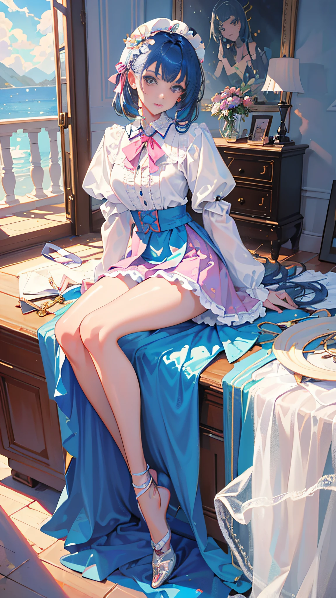 (fine beautiful eyes and detailed face, masterpiece side light, masterpiece, best quality, detailed, high resolution illustration), (1 girl, full body, beautiful girl, shiny skin, looking down, looking at the audience), (sky blue hair, pink eyes, short skirt, ribbon, button shirt)