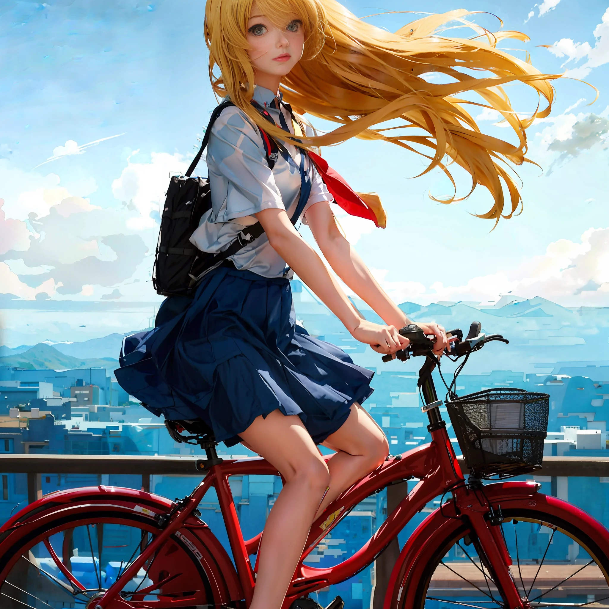 anime girl riding a bike with a basket on the back, blonde anime girl with long hair, cycling!!, beautiful anime high school girl, (anime girl), anime girl, young anime girl, anime realism style, realistic anime 3 d style, beautiful anime girl, anime artstyle, anime girl with long hair, realistic anime artstyle