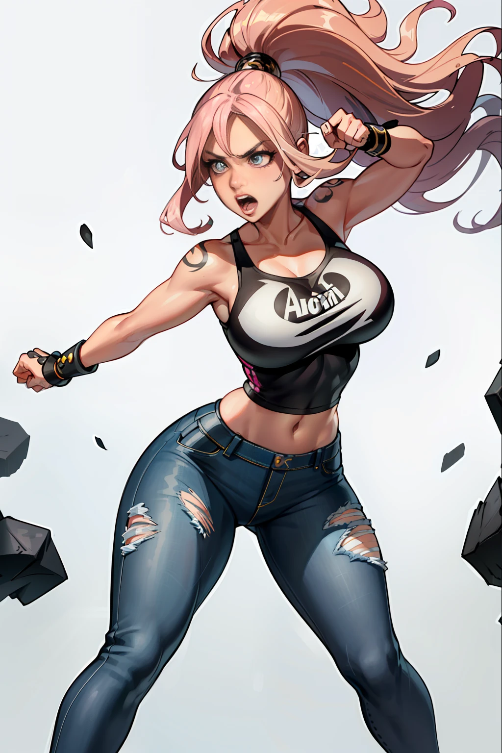 :: JOE MADUREIRA STYLE:: BEAUTIFUL WOMAN perfect and detailed, ultra detailed style clothes with tatoon designs and colors of light pink, black, white and gray, with various full-body attack poses and with immersive effects, hover effect, graphite style background with vibrant colors "ultra hdr" detailed, focus effect, sneakers all star converse black (masterpiece:  1.2, best quality), (finely detailed beautiful eyes: 1.2), extremely detailed hair, depth of field,shot with Canon EOS,lens 135mm f1.8,portrait of [x]((1Girl Kelly Brook Beautiful Woman )),long hair, straight and bright yellow black,with a natural glow and stuck like ponytail ((Solo)), (Ultra detailed eyes:1.4), (Finely detailed eyes and detailed face:1.3), ), (With ULTRA DETAILED jeans and a white t-shirt with full ultra detailed tatoom print:1.3),(torn outfit), (Beautiful and clear background:1.2), (Extremely detailed CG, Ultra-detailed, Best Shadow:1.1),("" character with his super power in the right fist"")((Depth of field and blur)), ((Watercolor)), Large breasts, Bare shoulders, Flowers and petals, Beautiful conceptual illustration , (white background:0.5),  (Illustration :1.1), (extremely fine and beautiful: 1.1), (perfect details: 1.1) graffiti style background, freedom, screaming very loud, with angry face releasing too much power, digital illustration, perfect anatomy, centered, approaching perfection, dynamic, highly detailed, watercolor painting, artstation, concept art, smooth, sharp focus, illustration, perfect anatomy, centered, approaching perfection, dynamic, highly detailed, character sheet,  artstation, concept art, smooth, sharp focus, illustration, full body shot, character sheet, lightning wave, beautiful anime watercolor painting,