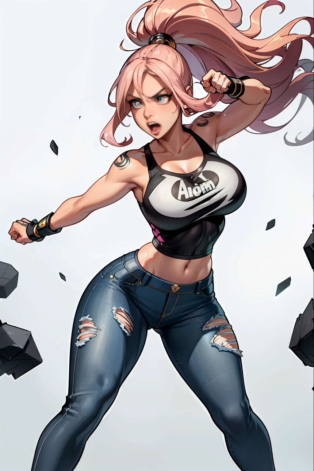:: JOE MADUREIRA STYLE:: BEAUTIFUL WOMAN perfect and detailed, ultra detailed style clothes with tatoon designs and colors of light pink, black, white and gray, with various full-body attack poses and with immersive effects, hover effect, graphite style background with vibrant colors "ultra hdr" detailed, focus effect, sneakers all star converse black (masterpiece:  1.2, best quality), (finely detailed beautiful eyes: 1.2), extremely detailed hair, depth of field,shot with Canon EOS,lens 135mm f1.8,portrait of [x]((1Girl Kelly Brook Beautiful Woman )),long hair, straight and bright yellow black,with a natural glow and stuck like ponytail ((Solo)), (Ultra detailed eyes:1.4), (Finely detailed eyes and detailed face:1.3), ), (With ULTRA DETAILED jeans and a white t-shirt with full ultra detailed tatoom print:1.3),(torn outfit), (Beautiful and clear background:1.2), (Extremely detailed CG, Ultra-detailed, Best Shadow:1.1),("" character with his super power in the right fist"")((Depth of field and blur)), ((Watercolor)), Large breasts, Bare shoulders, Flowers and petals, Beautiful conceptual illustration , (white background:0.5),  (Illustration :1.1), (extremely fine and beautiful: 1.1), (perfect details: 1.1) graffiti style background, freedom, screaming very loud, with angry face releasing too much power, digital illustration, perfect anatomy, centered, approaching perfection, dynamic, highly detailed, watercolor painting, artstation, concept art, smooth, sharp focus, illustration, perfect anatomy, centered, approaching perfection, dynamic, highly detailed, character sheet,  artstation, concept art, smooth, sharp focus, illustration, full body shot, character sheet, lightning wave, beautiful anime watercolor painting,