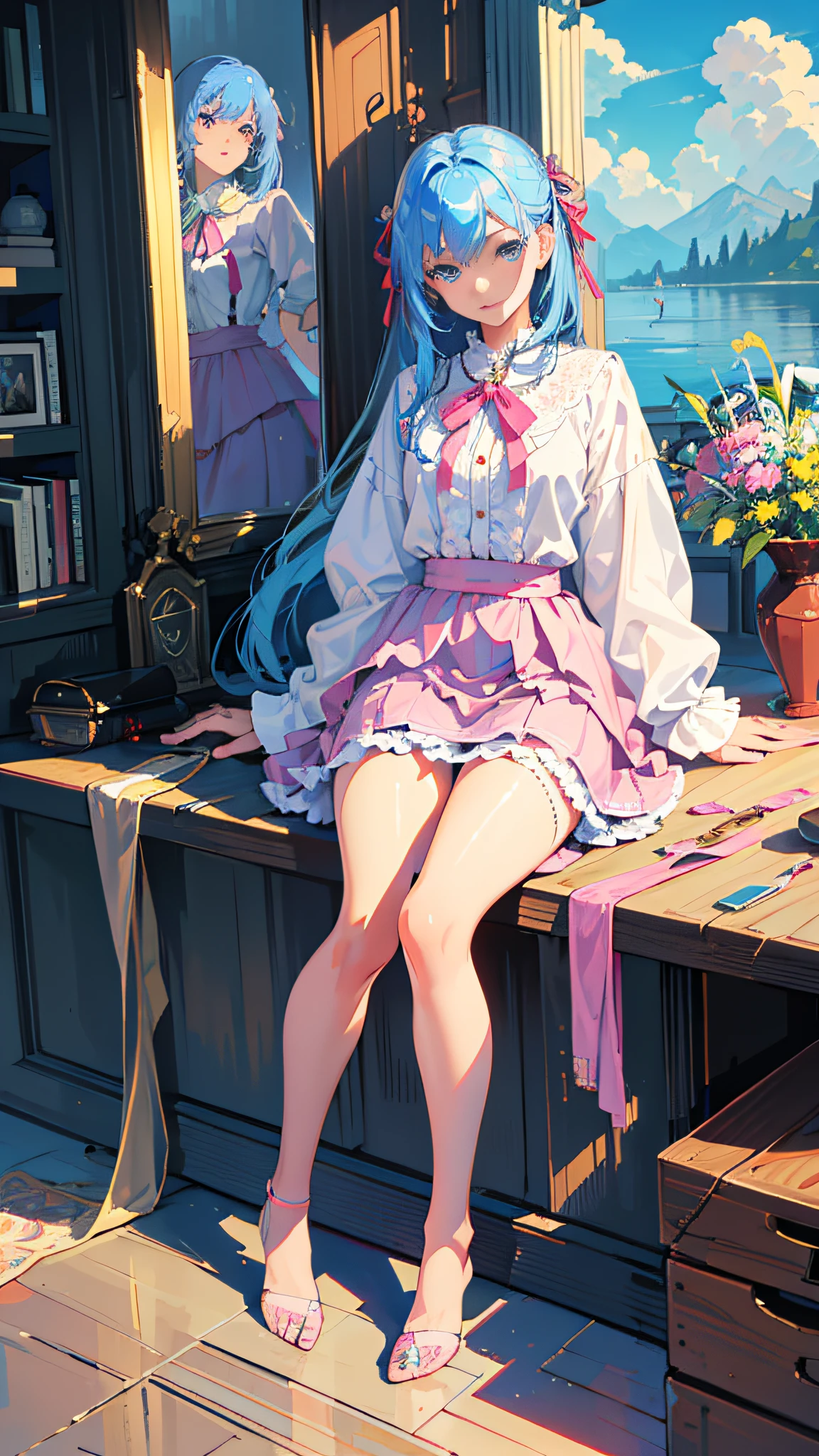 (fine beautiful eyes and detailed face, masterpiece side light, masterpiece, best quality, detailed, high resolution illustration), (1 girl, full body, beautiful girl, shiny skin, looking down, looking at the audience), (sky blue hair, pink eyes, short skirt, ribbon, button shirt)