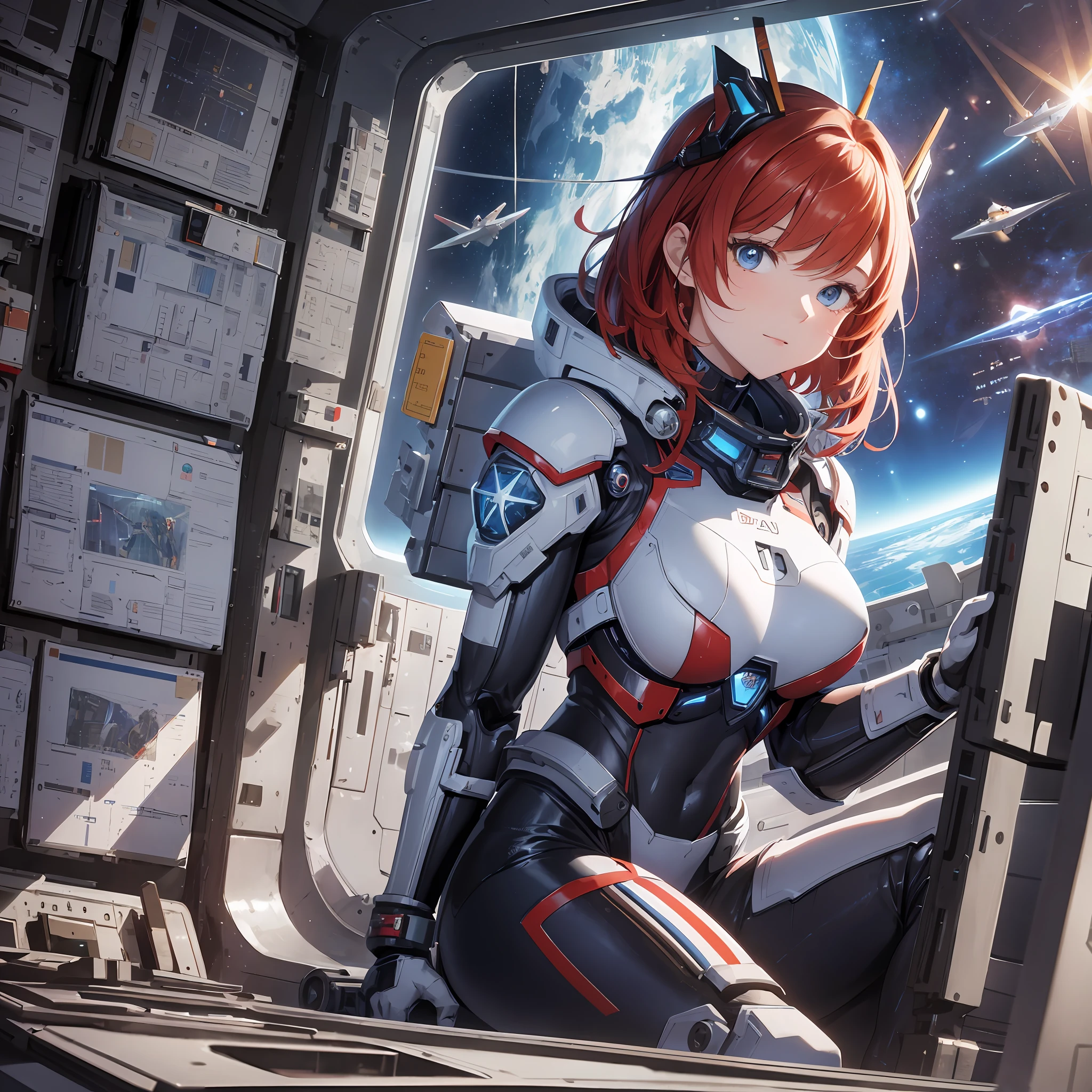 Absurd resolution, high resolution, (masterpiece: 1.4), hyper-detail, 1 young woman, short red hair, pilot suit, rich princess, sitting in an extremely narrow and closed mecha control room looking out the window, the window is the space universe can see the blue planet (1.5), the expression is excited, the mecha control room is in the universe