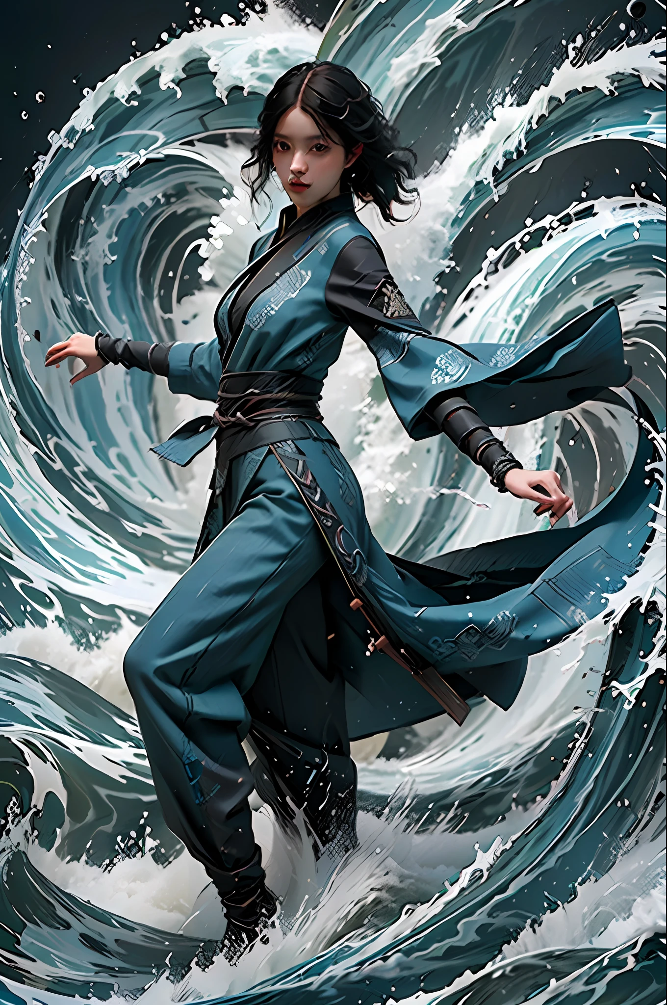 Best quality,masterpiece,ultra high res,,yushuishu,1girl,solo,black hair,water,waves,lips,full body,