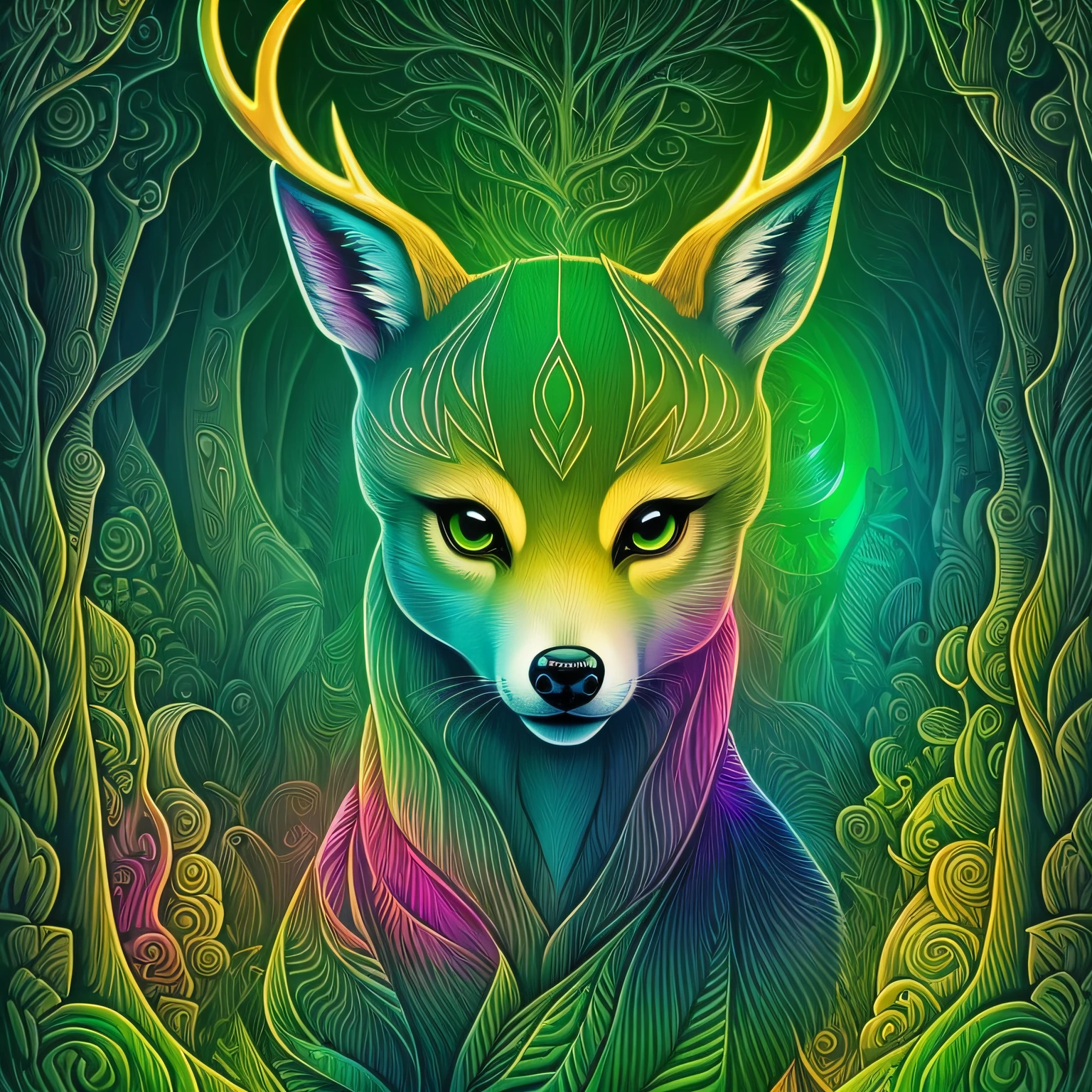 cartoon deer with green eyes and green sweater, anthropomorphic deer, cute forest creature, anthropomorphic deer, digital green fox, anthropomorphic deer female, anthropomorphic female deer, cute characters, cute cartoon characters, telegram stickers, cute digital art, cute, trending dribbble.com mascot, cute creatures, clear antlers, bright colors, thick lines, waves, multi-layered, foreground, vista, psychedelic surrealist art, surrealist psychedelic design --auto --s2