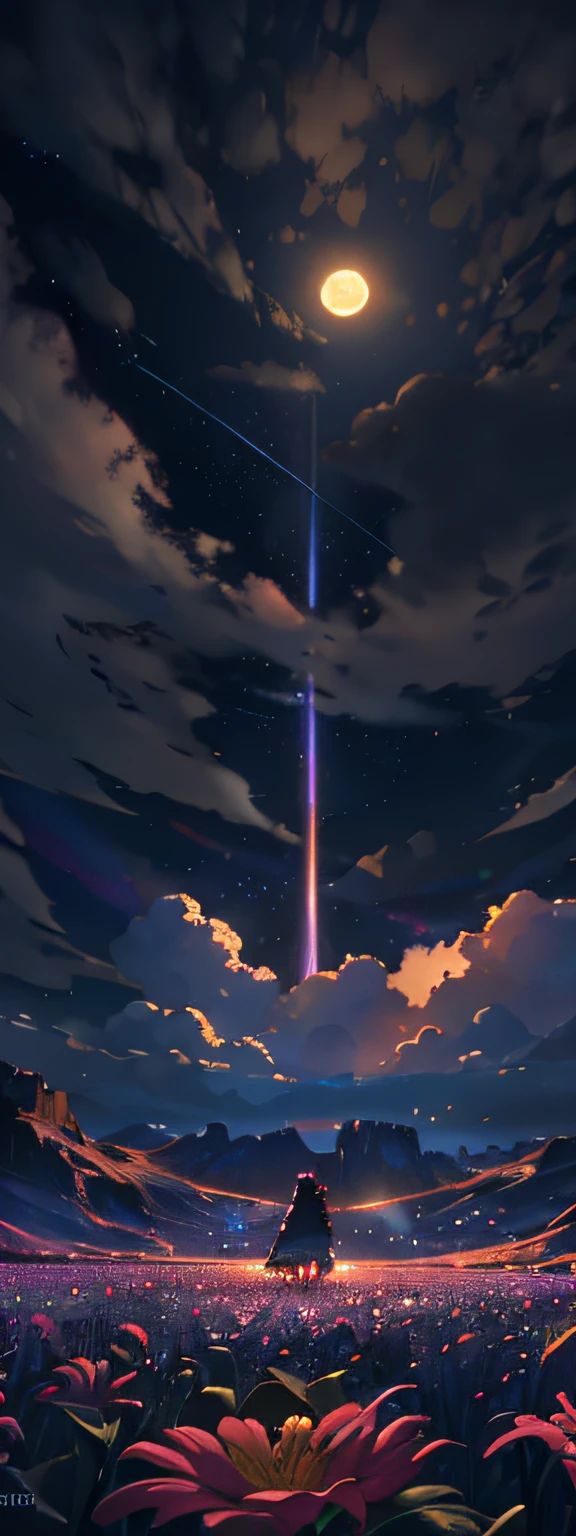 Vast landscape photo, (viewed from below, the sky is above and the open field is below), a girl standing on a flower field looking up, (full moon: 1.2), (meteor: 0.9), (nebula: 1.3), distant mountains , Trees BREAK Crafting Art, (Warm Light: 1.2), (Fireflies: 1.2), Lights, Lots of Purple and Orange, Intricate Details, Volumetric Lighting, Realism BREAK (Masterpiece: 1.2), (Best Quality), 4k, Ultra-Detailed, (Dynamic Composition: 1.4), Very Detailed, Colorful Details, (Rainbow Colors: 1.2), (Glow Lighting, Atmospheric Lighting), Dreamy, Magical, (Solo: 1.2)