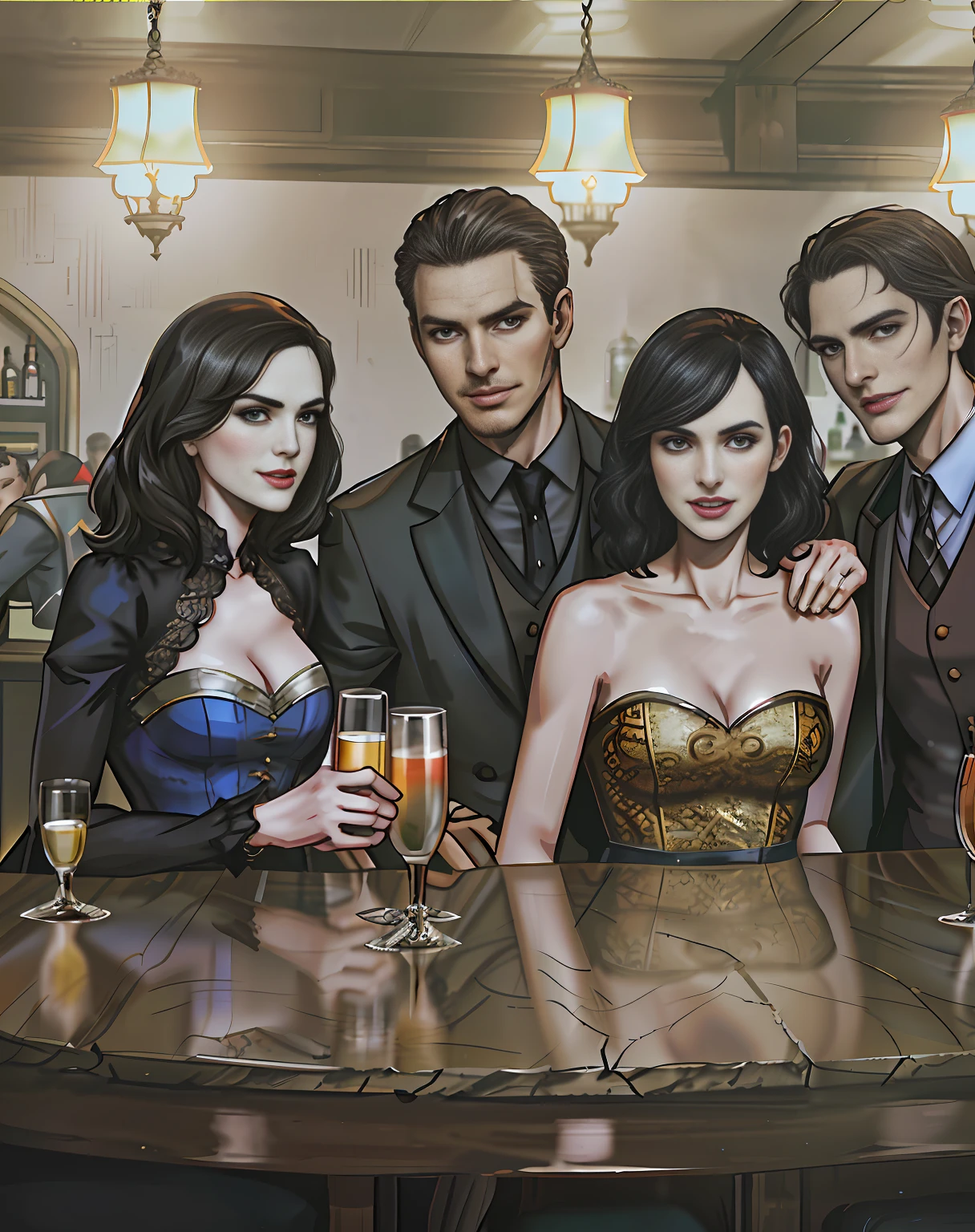 michelle dockery, jason butler harner jessica brown-findlay, harry lloyd are in the bar drinking and smiling