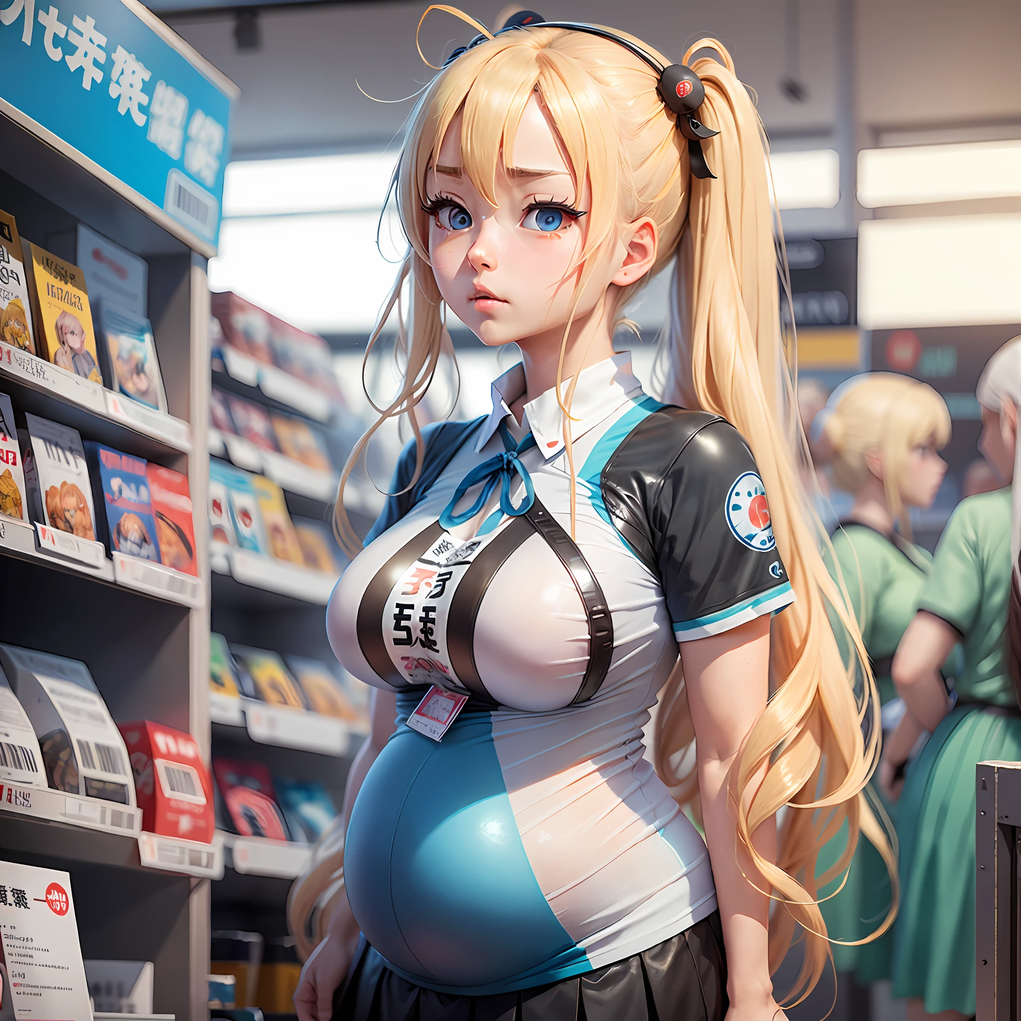 Akizuki Airi from hentai Oni chichi, blonde, long twintails, blue eyes, pregnant, mini skirt, shirt, shy, large breast, standing in line at the store, disgruntled look, side view