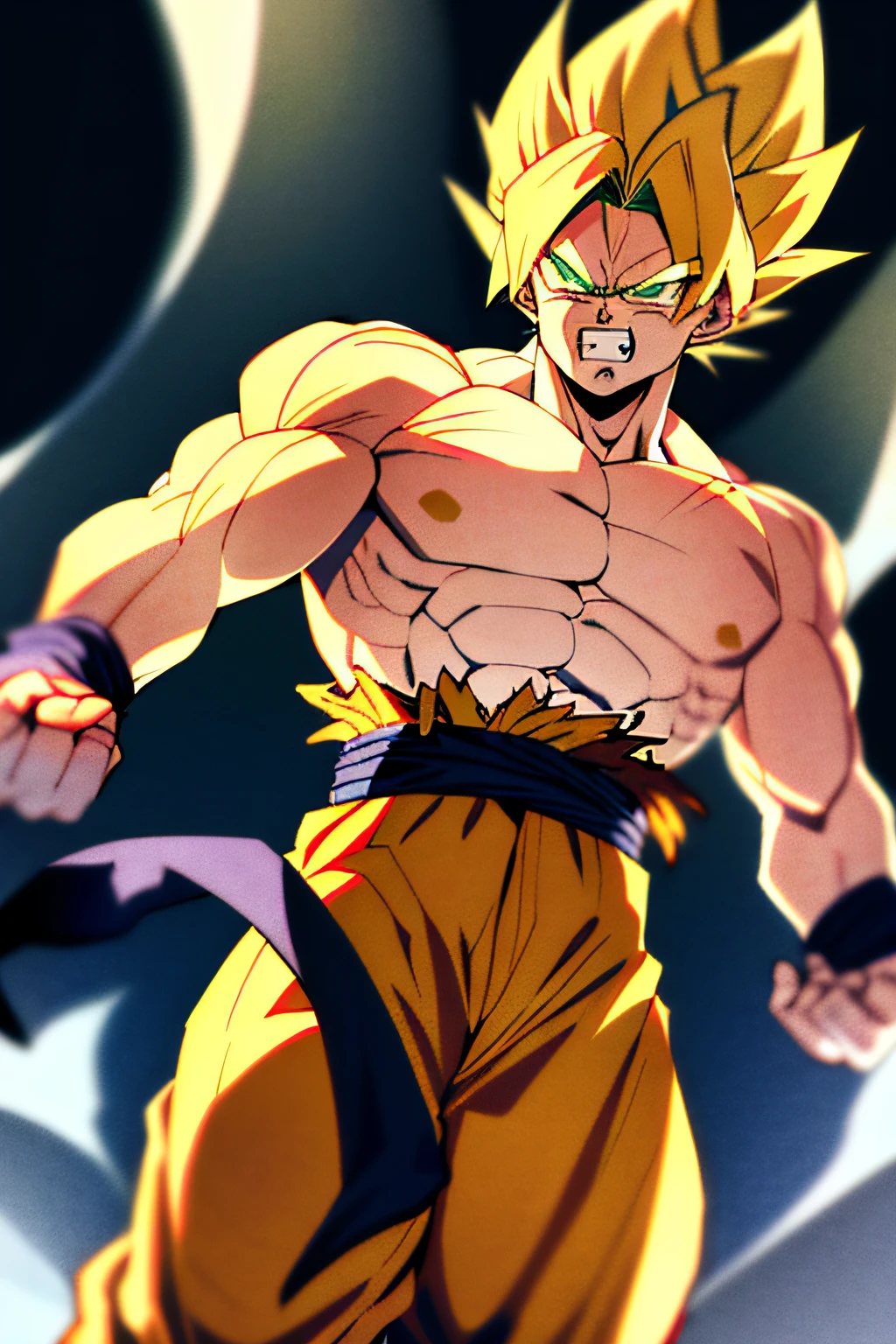 son goku, 1boy, angry, battle damage, blonde hair, blue sash, clenched teeth, furious, green eyes, male focus, muscular, muscular male, pectorals, sash, solo, spiked hair, super saiyan, super saiyan 1, teeth, topless male, torn clothes, wristband, ((masterpiece))