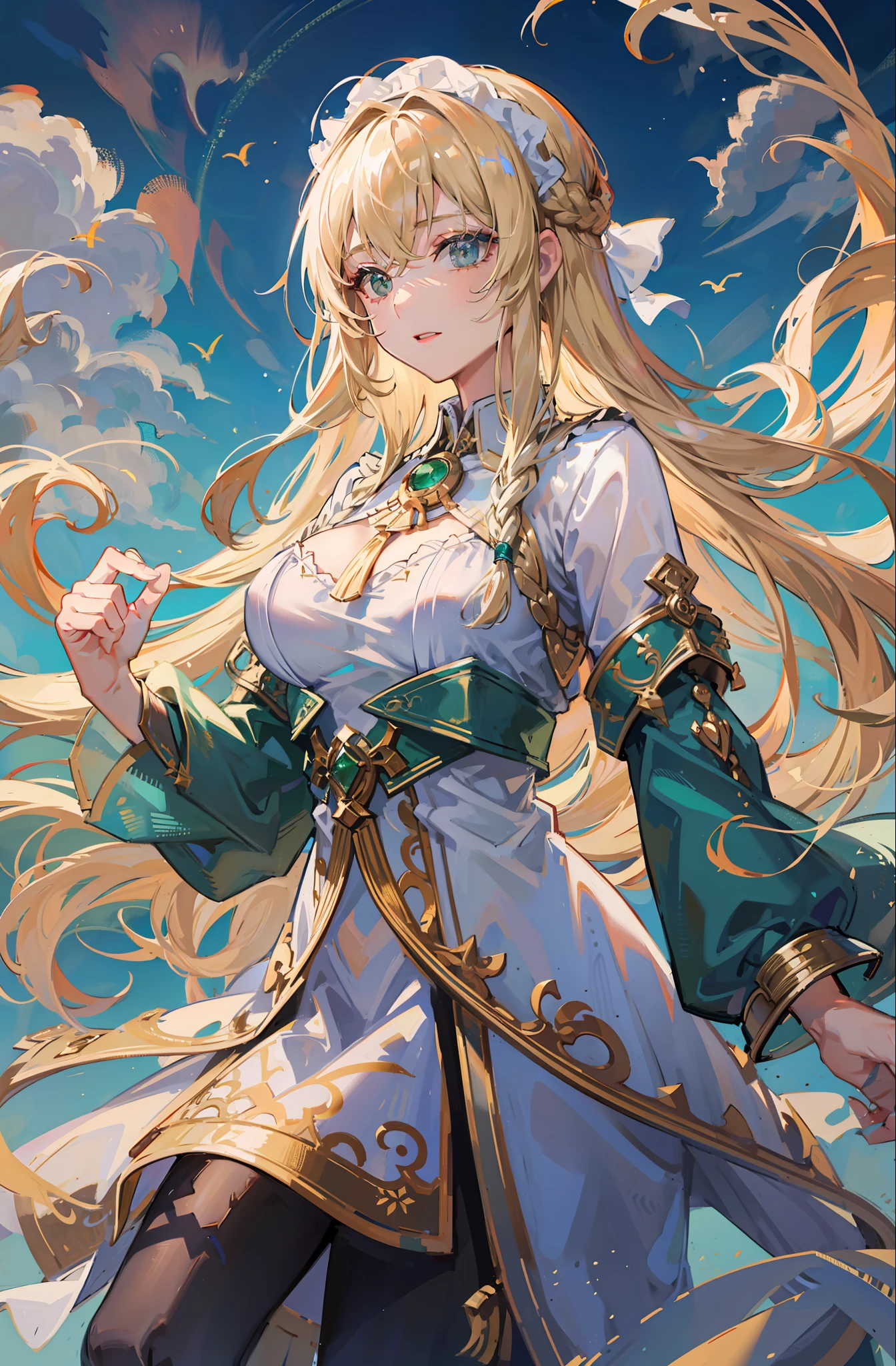 best quality, masterpiece, upper body,
(adult:1.6) ukrainian woman, (smirk:0.4),
braided blonde hair,
emerald eyes,
medieval sundress,
floating light particles, centered,