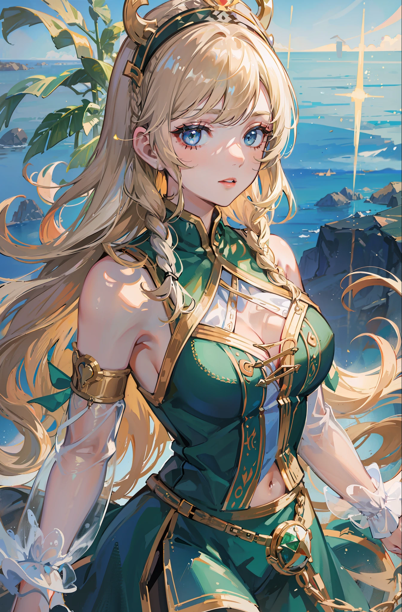 best quality, masterpiece, upper body,
(adult:1.6) ukrainian woman, (smirk:0.4),
braided blonde hair,
emerald eyes,
medieval sundress,
floating light particles, centered,