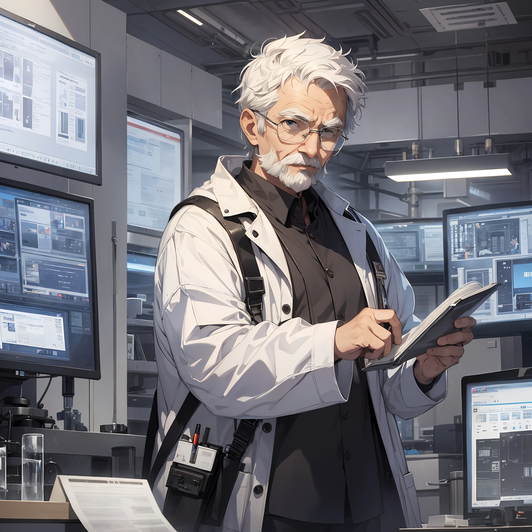 1 old man with short white hair dressed as a scientist, with a serious expression, and a large scientific observation station with many big screens and staff in the background