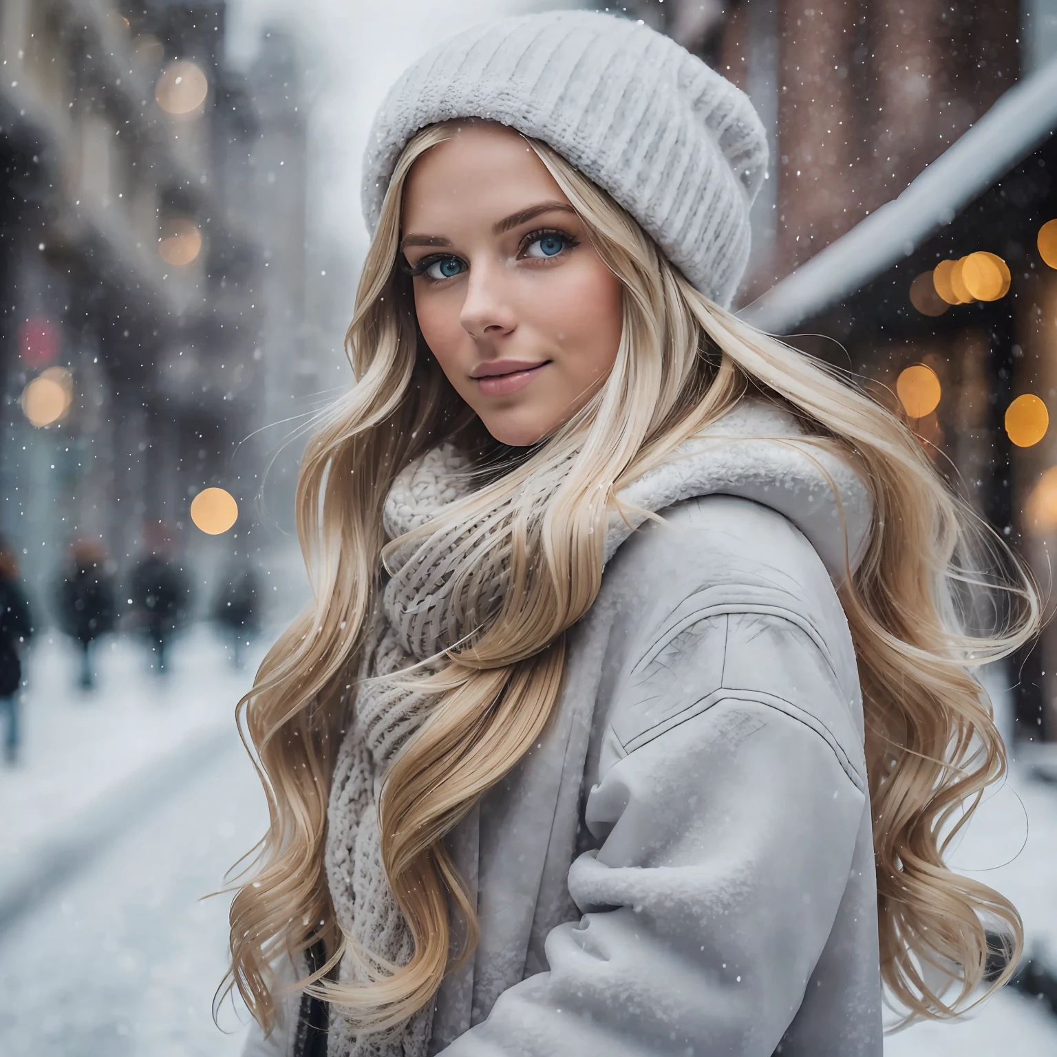 professional portrait photograph of a gorgeous Norwegian girl in winter clothing with long wavy blonde hair, ((sultry flirty look)), freckles, beautiful symmetrical face, cute natural makeup, ((standing outside in snowy city street)), stunning modern urban upscale environment, ultra realistic, concept art, elegant, highly detailed, intricate, sharp focus, depth of field, f/1. 8, 85mm, medium shot, mid shot, (centered image composition), (professionally color graded), ((bright soft diffused light)), volumetric fog, trending on instagram, trending on tumblr, hdr 4k, 8k --auto --s2