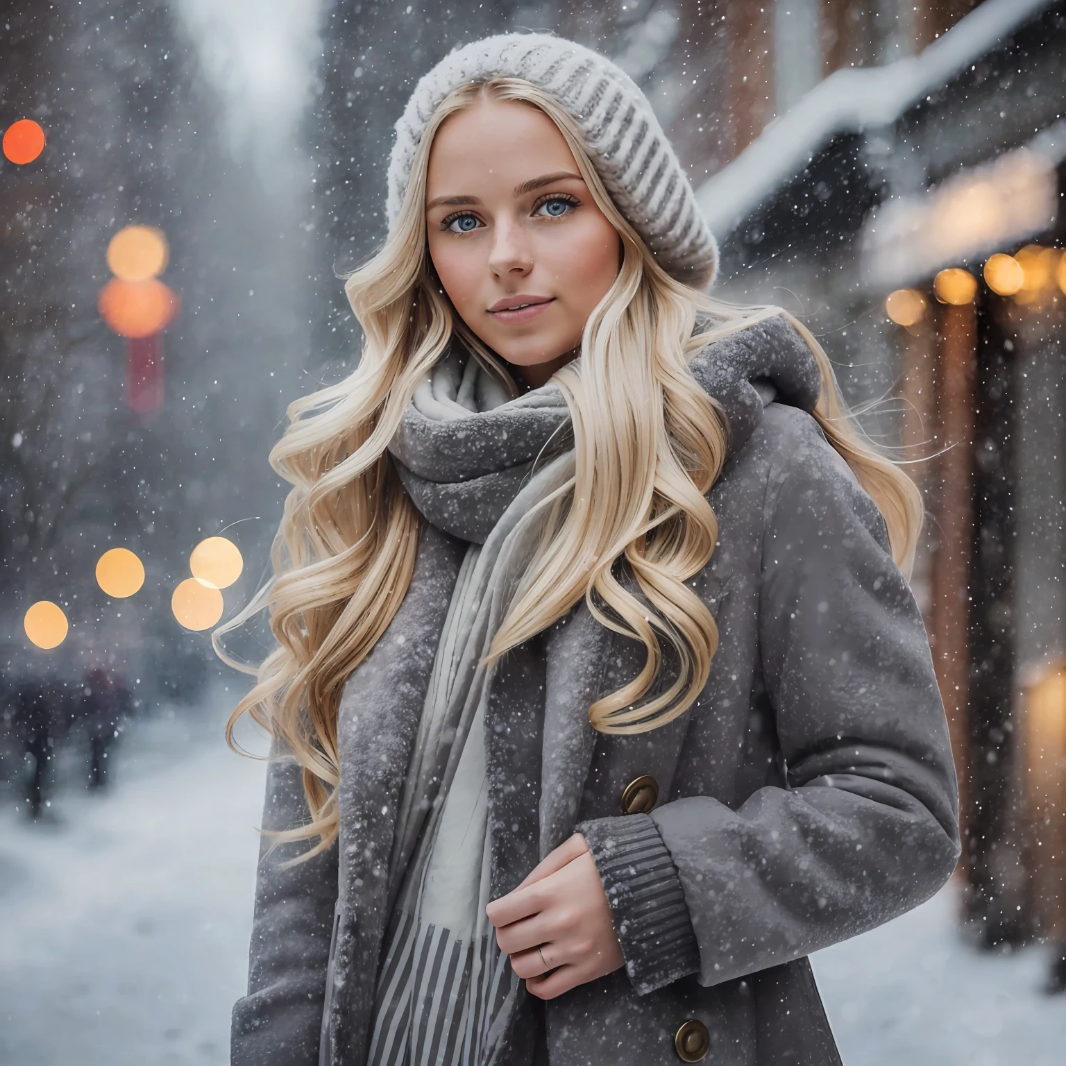 professional portrait photograph of a gorgeous Norwegian girl in winter clothing with long wavy blonde hair, ((sultry flirty look)), freckles, beautiful symmetrical face, cute natural makeup, ((standing outside in snowy city street)), stunning modern urban upscale environment, ultra realistic, concept art, elegant, highly detailed, intricate, sharp focus, depth of field, f/1. 8, 85mm, medium shot, mid shot, (centered image composition), (professionally color graded), ((bright soft diffused light)), volumetric fog, trending on instagram, trending on tumblr, hdr 4k, 8k --auto --s2
