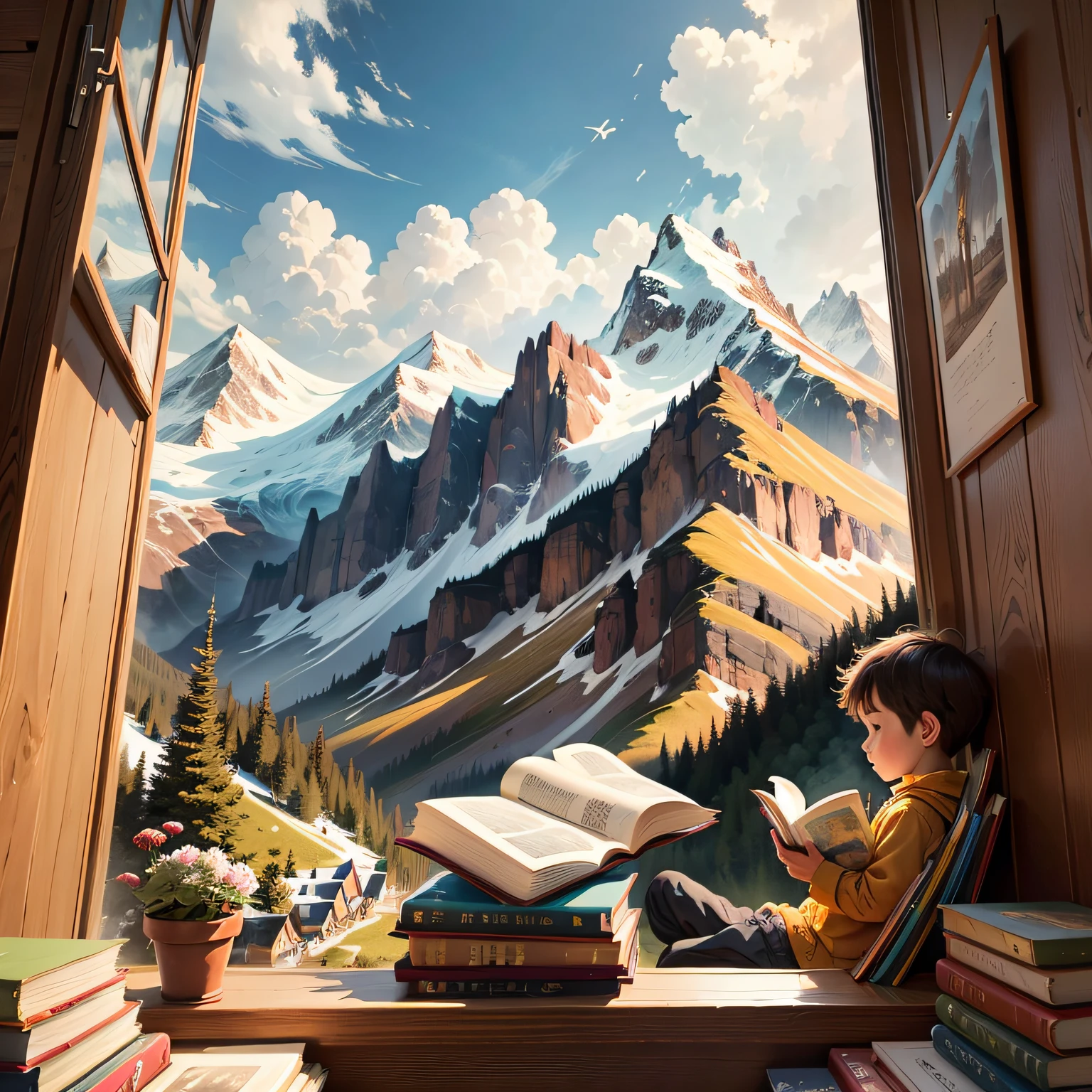 The mountains of picture books, and a little boy reading carefully, replaced the books inside with thinner, Chinese books --auto --s2