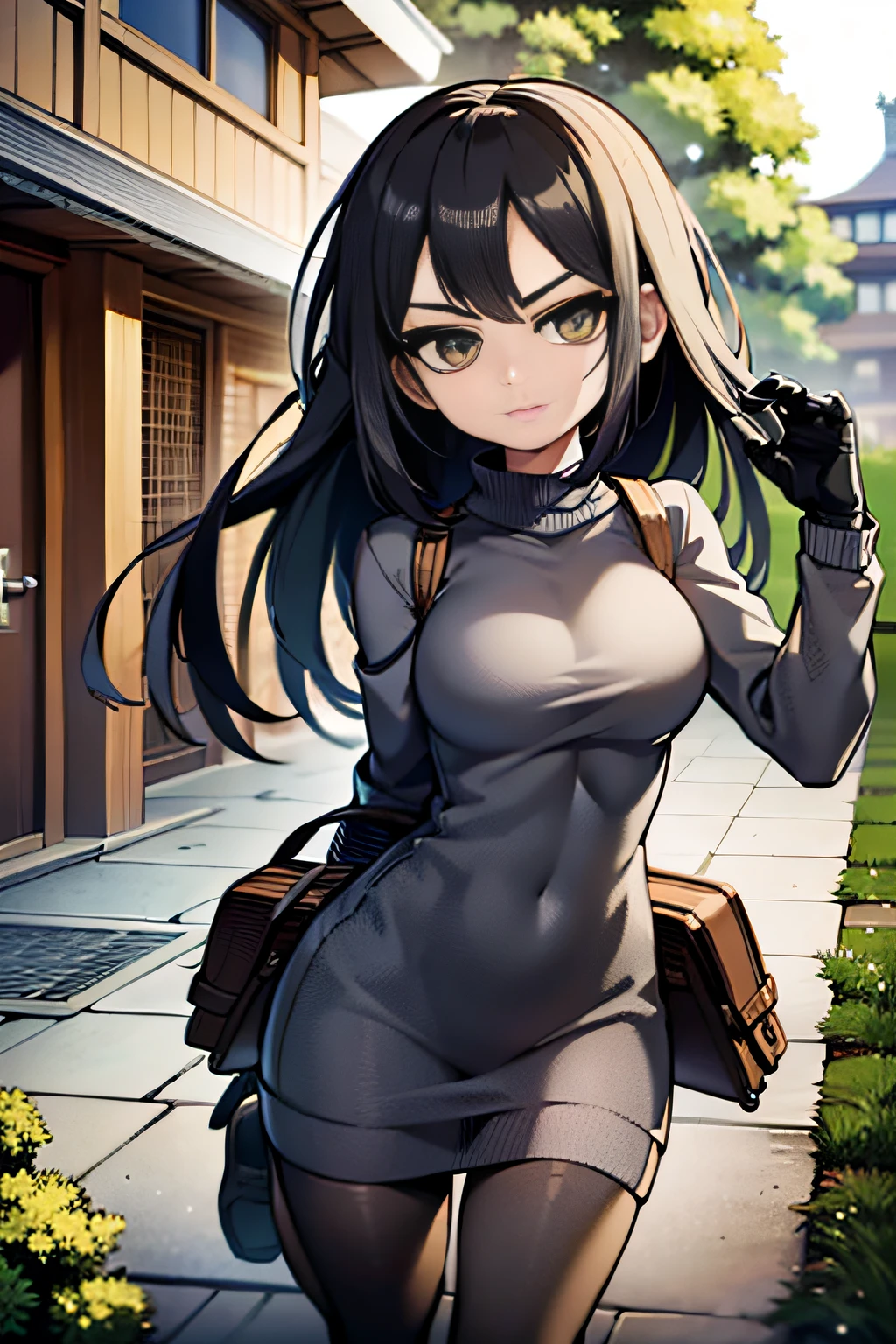 masterpiece, high quality, (anime), best quality, 1girl, very detailed eyes and face, very detailed background, gray sweater, dynamic pose, dynamic light, full body, straight and black hair with dark green, background: sunny mountain