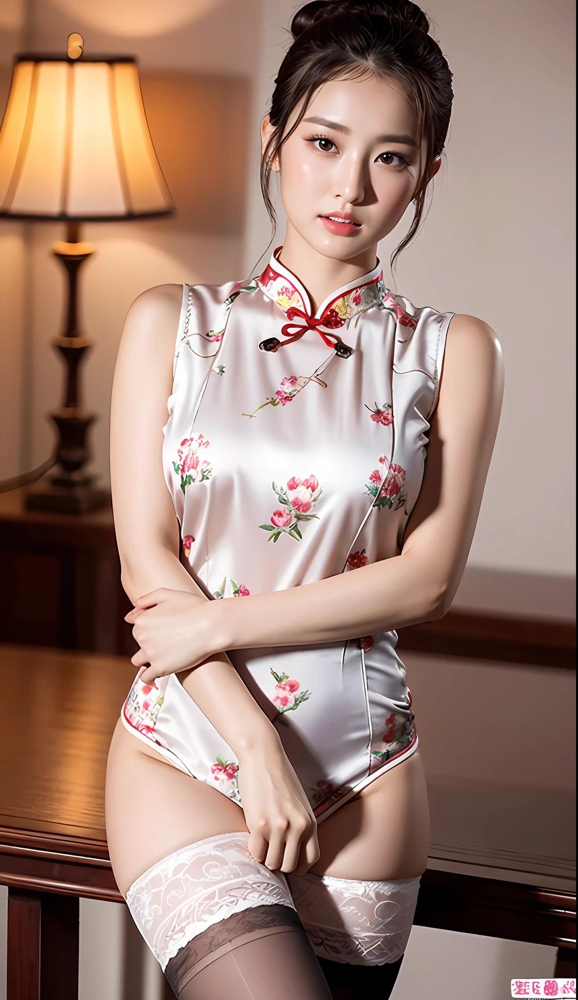 Ultra detailed, (real: 1.5), highly detailed, ultra detailed, extreme detail, high quality, full body, solo, one girl, cute, beautiful face, beautiful detailed eyes, beautiful detailed nose, semi-nude,, hair bun, (exquisite facial features), chinese clothes, silk stockings, studio lighting, attractive figure, cheongsam, satin, big