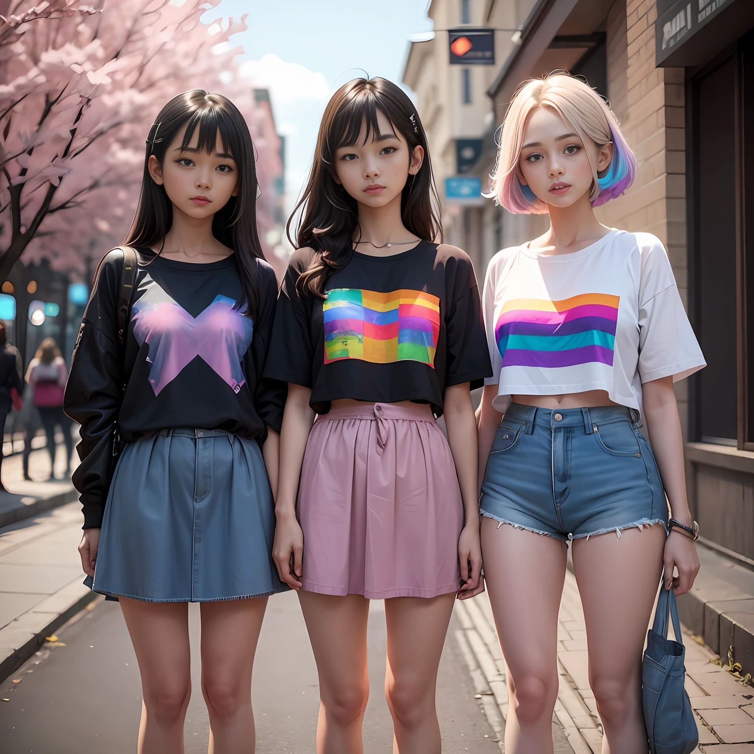 3 girls friend, in line, photo, clothes with the colors of the LGBT flag