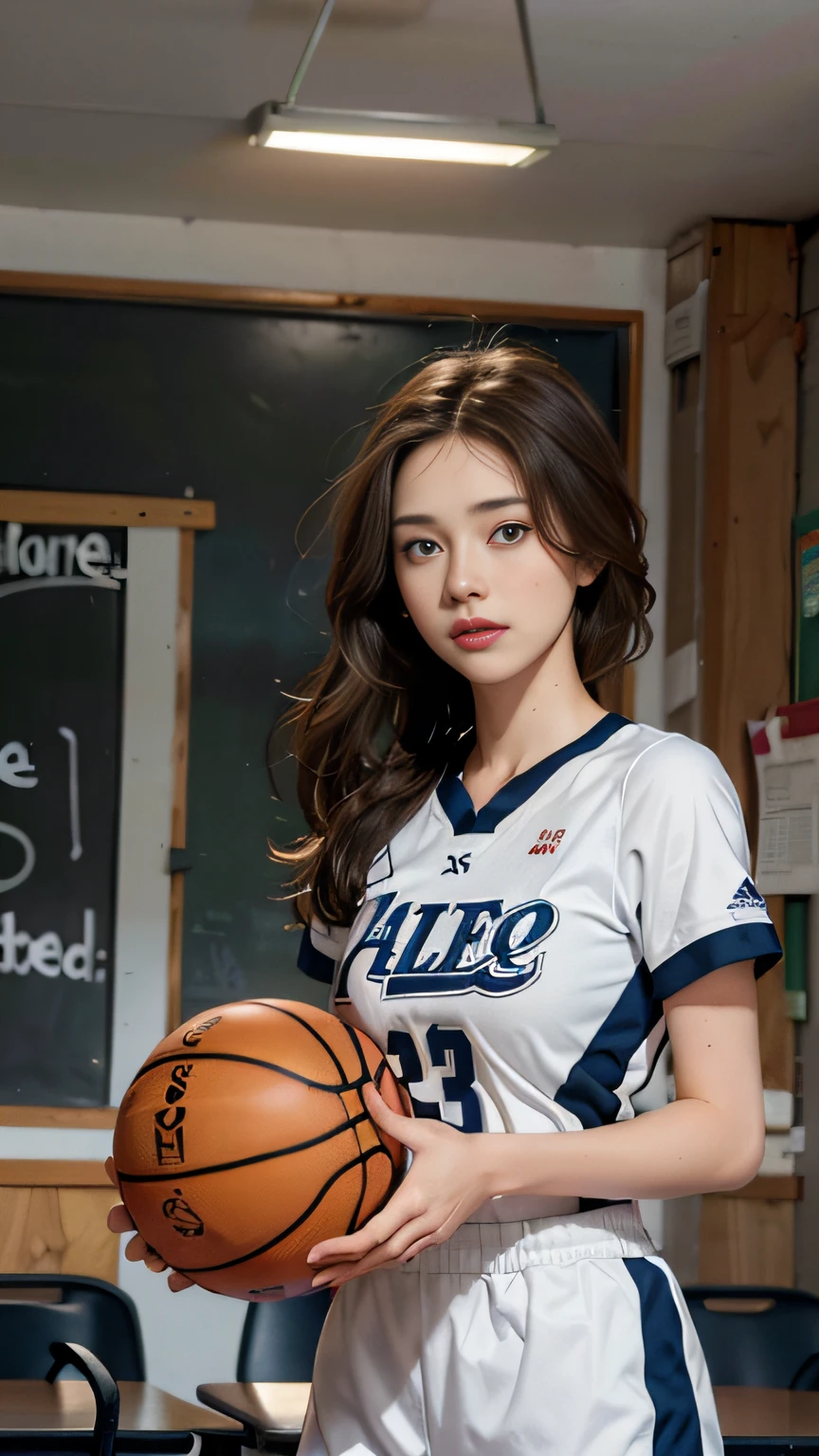 Woman in basketball uniform, classroom, brown hair, blue eyes, summer, fall, book drop, chalk shattered, ceiling fan