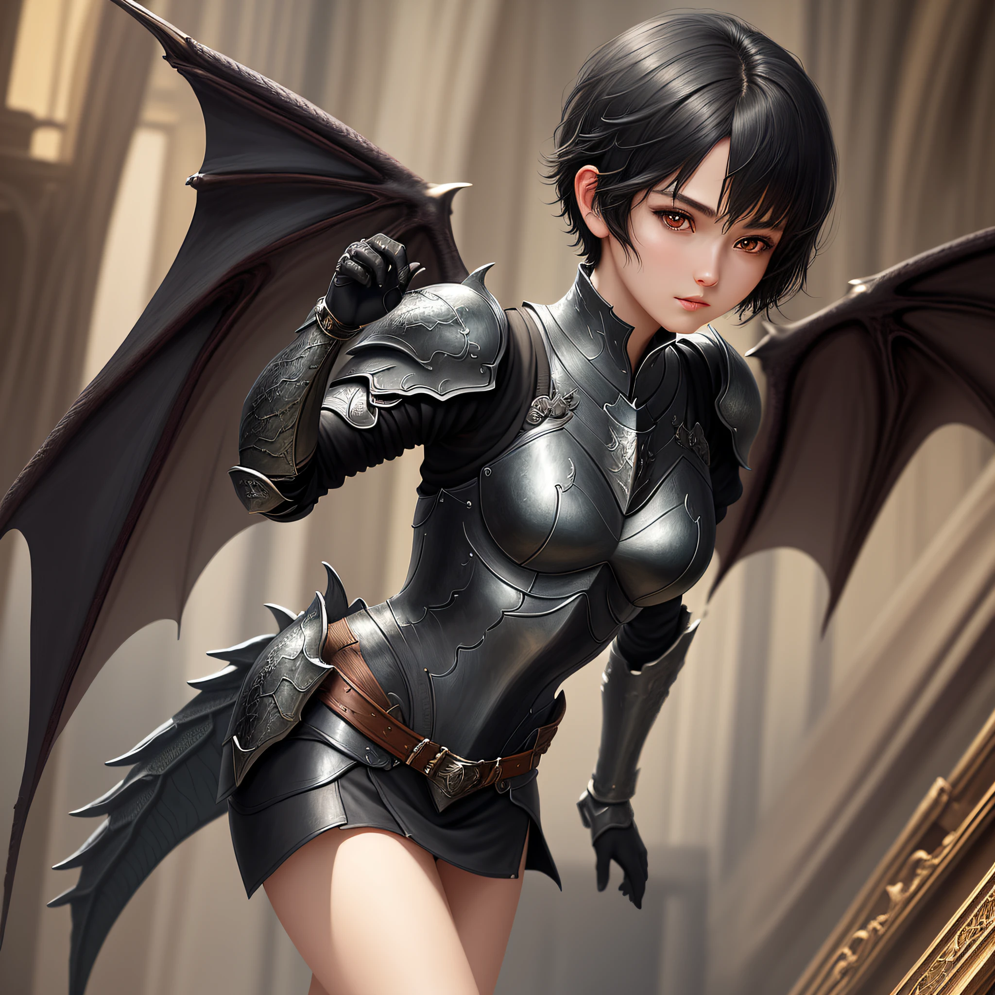 Girl, knight, short-haired, black hair, highly leoalized, detailed face, detailed hands, detailed body, dragon wings, masterpiece, high art