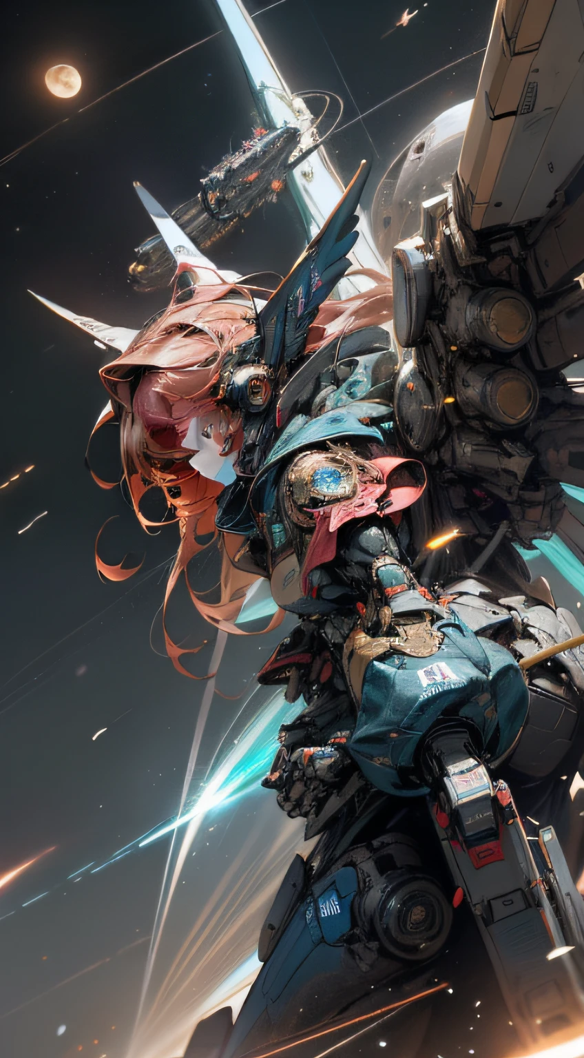 In space, giant planets, nebulae, holding weapons, no humans, glowing, (female mecha: 1.2), giant mechanical wings, mech wings, (fly in space: 1.3), comet fragments, glowing eyes, red mech, science fiction, space, reality, mecha, galactic background, neon lights, cyberpunk, hd wallpaper, cg art