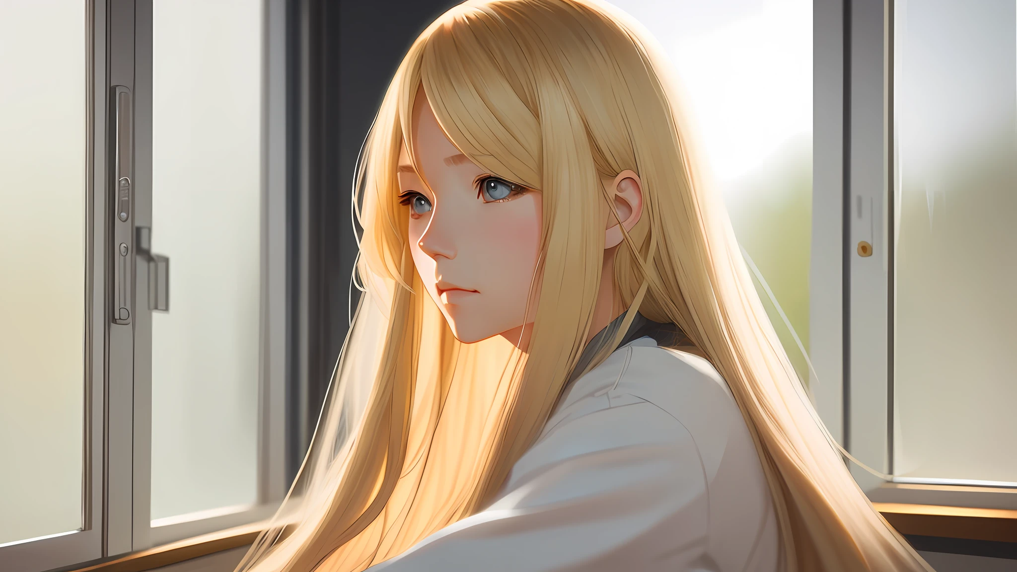 blond woman with long hair sitting in front of a window, anime realism style, artwork in the style of guweiz, painted in anime painter studio, ilya kuvshinov with long hair, beautiful anime portrait, realistic anime artstyle, gorgeous digital painting, realistic cute girl painting, realistic anime art style, made with anime painter studio, beautiful digital illustration