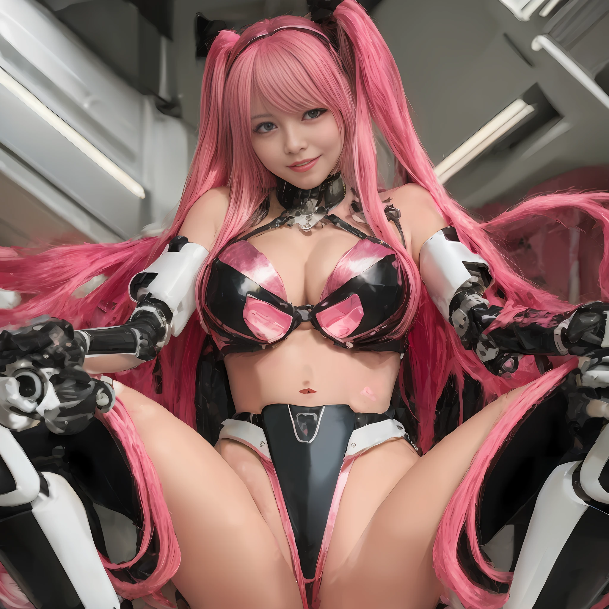 araffe with pink hair and a black and white outfit posing on a motorcycle, biomechanical oppai, oppai cyberpunk, fully robotic!! catgirl, perfect android girl, perfect anime cyborg woman, anime robotic mixed with organic, gynoid cyborg body, cute cyborg girl, girl in mecha cyber armor, anime manga robot!! anime girl