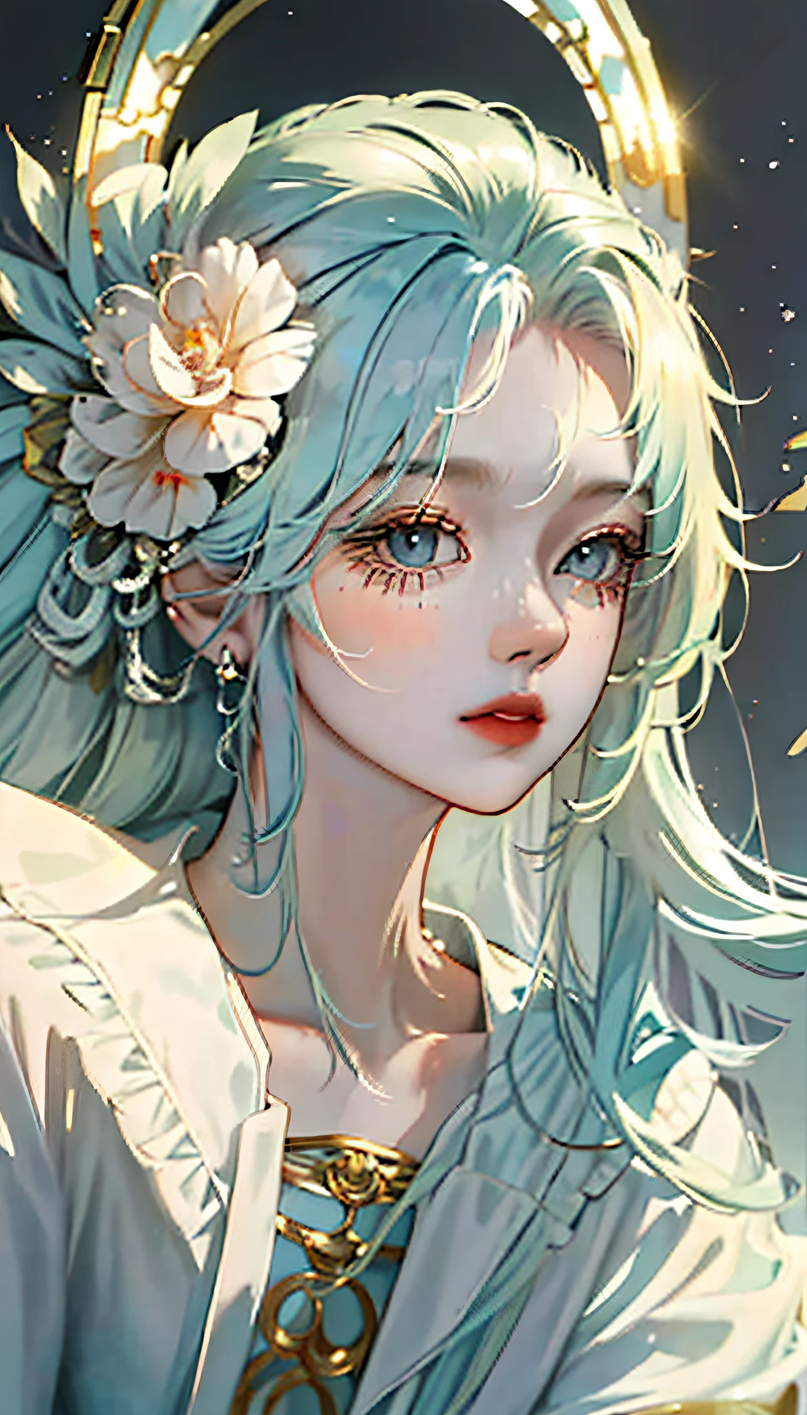 (masterpiece), (best quality), (ultra detailed),(disheveled hair),(illustration), (1girl), (Fashionable clothing), standing, Fashion model, looking at viewer, (interview), (simple background),beautiful detailed eyes, delicate beautiful face, Floating,(high saturation),(colorful splashes),colorful bubble,(shining), focus on face, ponytail, kamisato ayaka, light blue hair, bangs, hair ring, floating flowers, floating hairs, (shining), best lighting, best shadow,