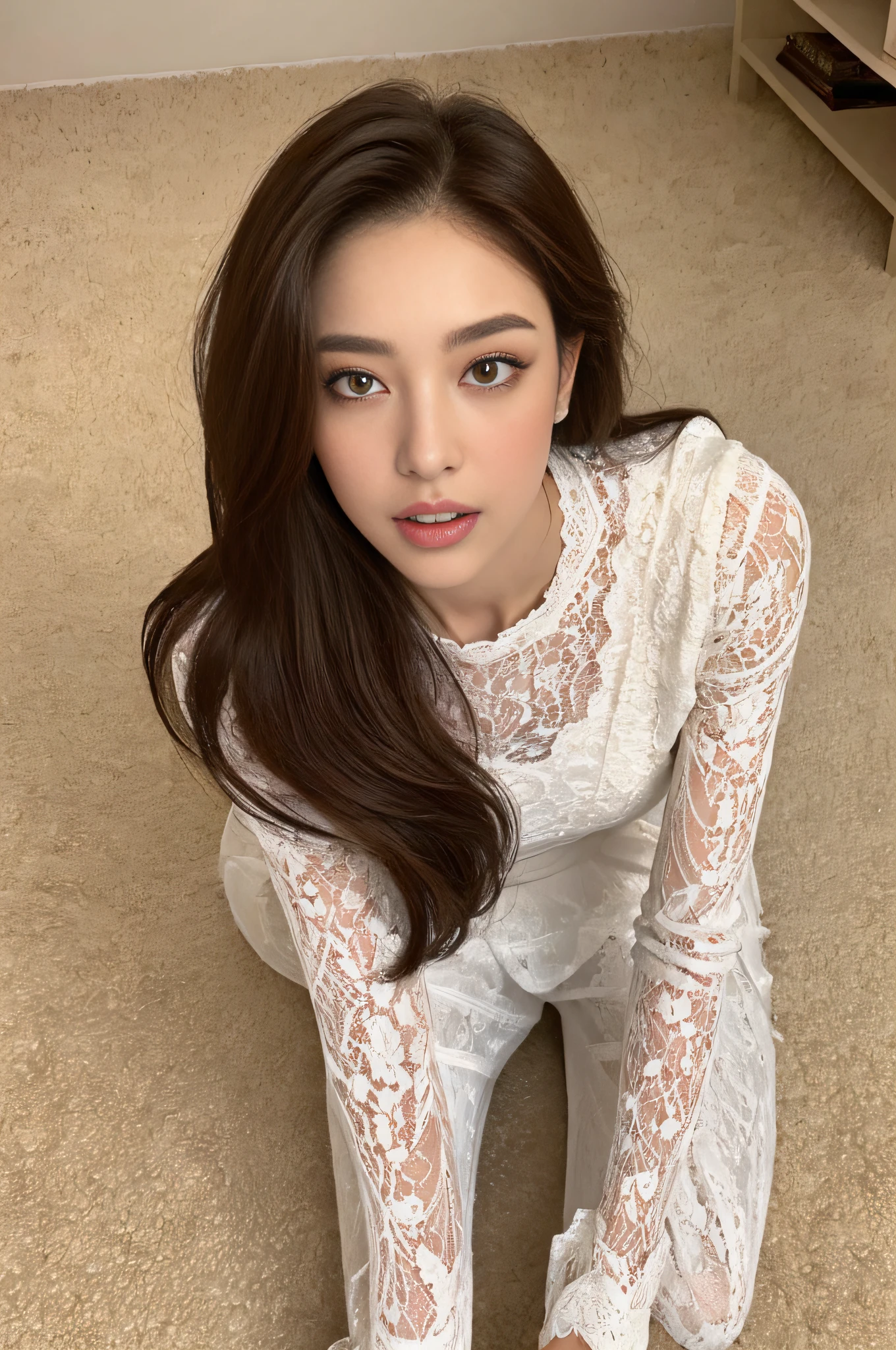 ((Top Quality, 16k, Masterpiece: 1.3)), 1 Beauty, Colossal: 1.1, Slender Abs: 1.1, Long Dark Brown Hair, (Kneeling: 1.2), Ultra Detailed Face, Detailed Double Eyelids, Highly Detailed Lips, White Carpet, Red Lace Clothing: 1.3, Open Mouth, From Above