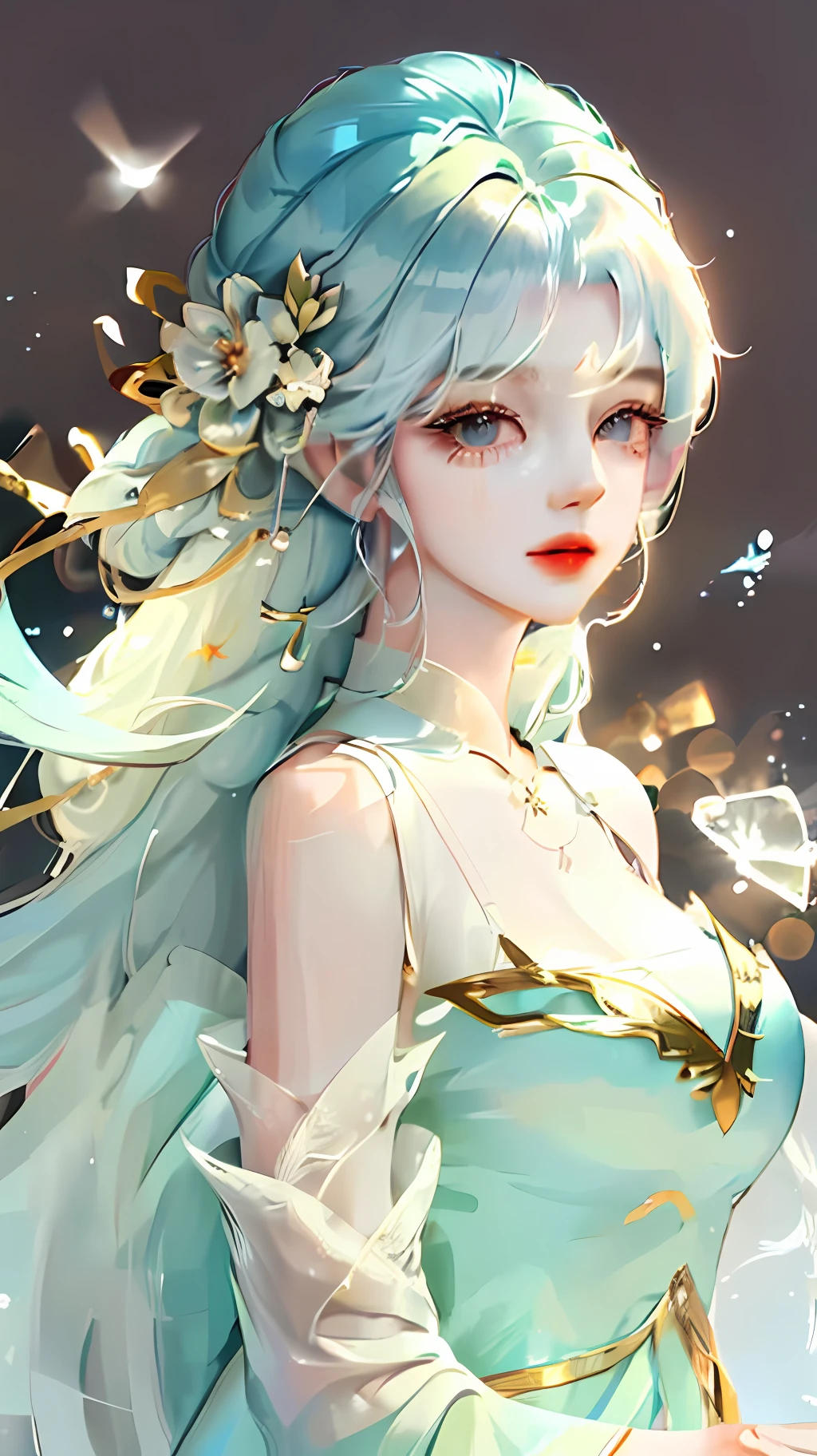(masterpiece), (best quality), (ultra detailed),(disheed hair),(illustration), (1girl), (Fashionable clothing), standing, Fashion model, looking at viewer, (interview), (simple background), beautiful and delicate eyes, delicate beauty, floating, (high saturation), (colorful splash), colorful bubbles, (shine), focus on face, ponytail, Ayaka Kamisato, light blue hair, bangs, hair circle, floating flowers, flowing hair, (shiny), best lighting, best shadow, full body, vista