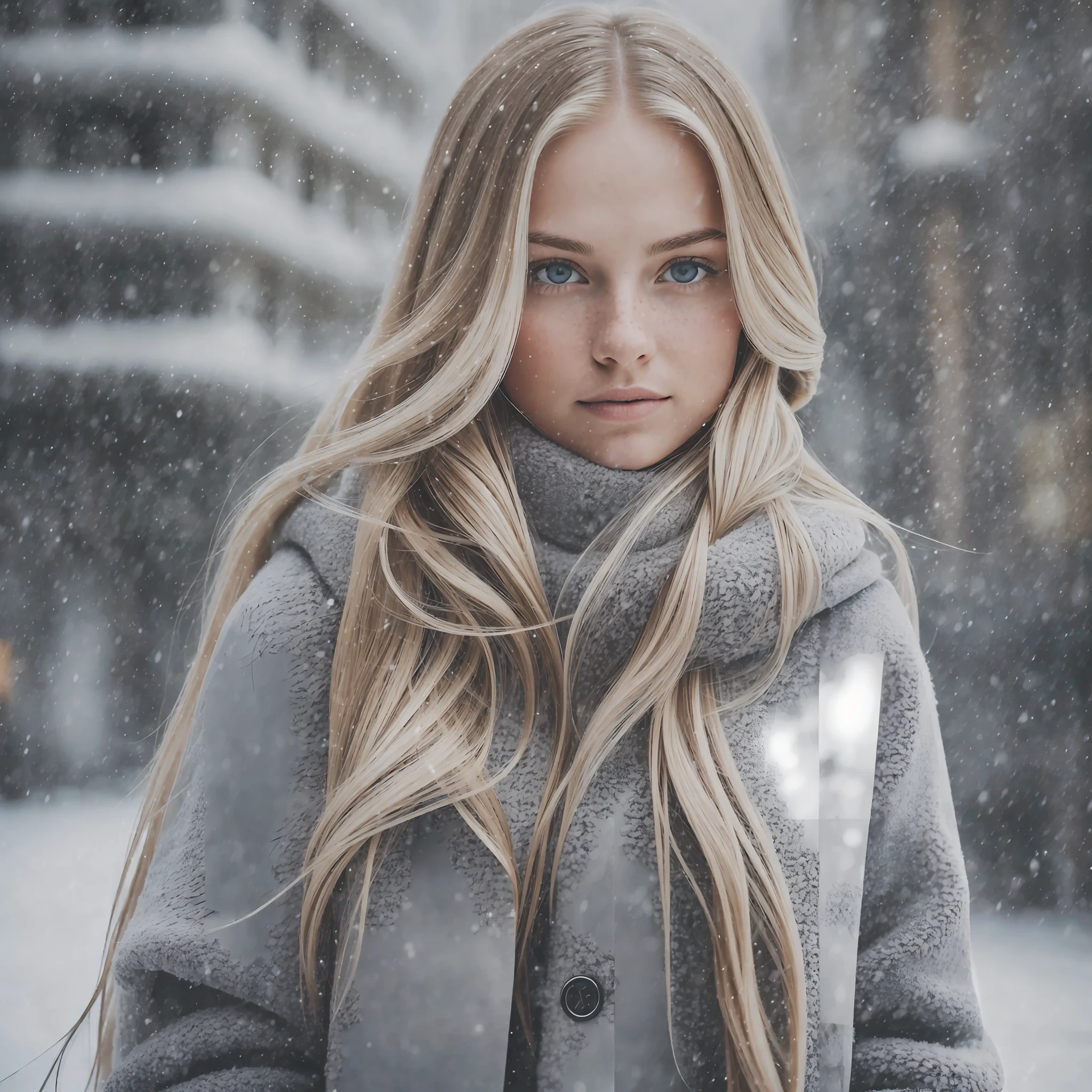 Professional portrait photo of a beautiful Norwegian girl in winter clothes with long wavy blonde hair, ((sexy and sexy expression)), freckles, beautiful symmetrical face, cute natural makeup, ((standing outside the snowy city streets)), stunning modern urban upscale environment, surreal, conceptual art, elegant, highly detailed, intricate, clear focus, depth of field, f/1. 8, 85mm, medium, medium, (centered image composition), (professional color grading), (bright soft diffuse light)), volumetric fog, trend on Instagram, trend on tumblr, hdr 4k, 8k --auto --s2