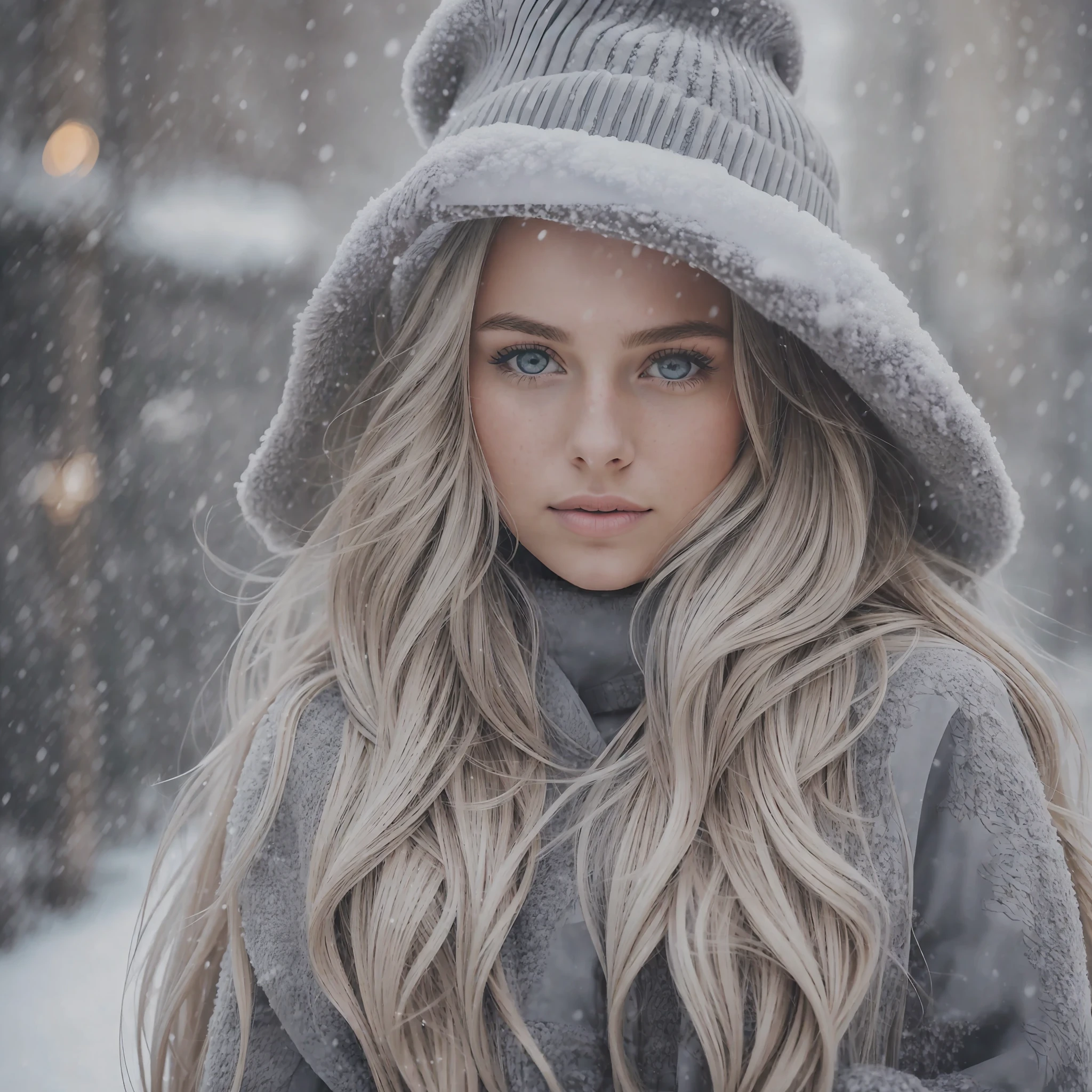 Professional portrait photo of a beautiful Norwegian girl in winter clothes with long wavy blonde hair, ((sexy and sexy expression)), freckles, beautiful symmetrical face, cute natural makeup, ((standing outside the snowy city streets)), stunning modern urban upscale environment, surreal, conceptual art, elegant, highly detailed, intricate, clear focus, depth of field, f/1. 8, 85mm, medium, medium, (centered image composition), (professional color grading), (bright soft diffuse light)), volumetric fog, trend on Instagram, trend on tumblr, hdr 4k, 8k --auto --s2
