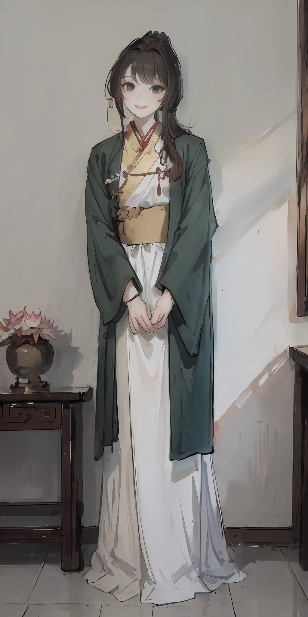 ((4K, masterpiece, best quality)), shuimobysim, Chinese painting, lotus, hanfu, maxiskit, dress conservatively 1girl, solo, long brown hair, smile, standing, chinese clothing, bandeau, light makeup