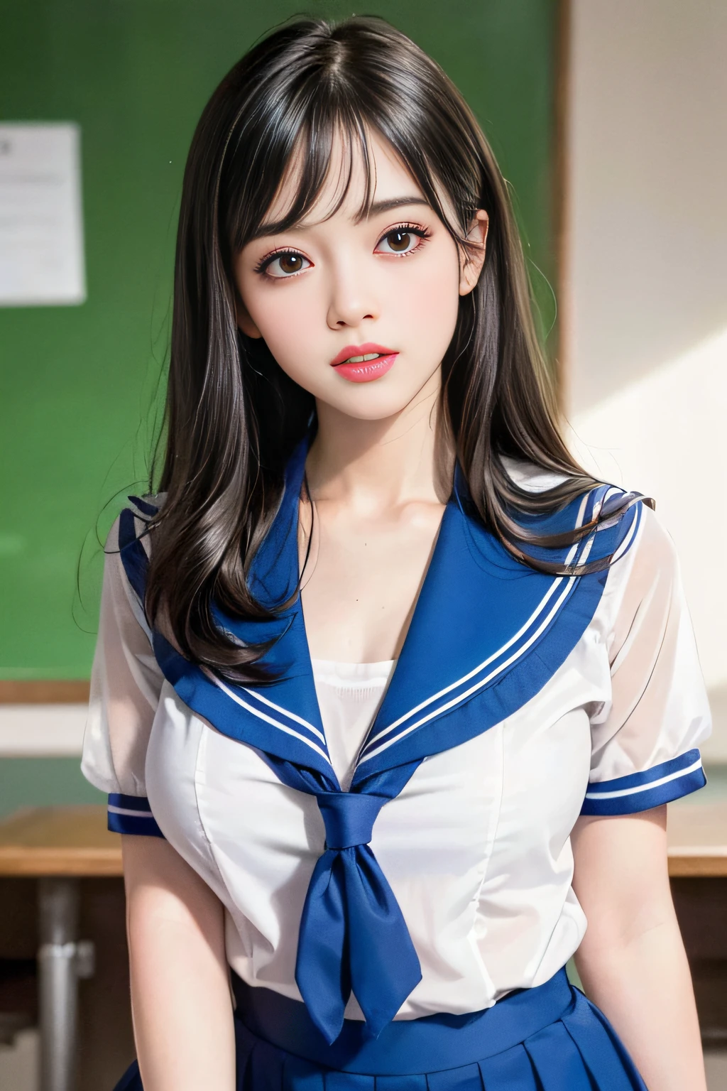 (8k, RAW photo, photorealistic:1.25) ,( lipgloss, eyelashes, gloss-face, glossy skin, best quality, ultra highres, depth of field, chromatic aberration, caustics, Broad lighting, natural shading,Kpop idol) looking at viewer with a serene and goddess-like happiness, highschool classroom, sailor uniform, mini skirt