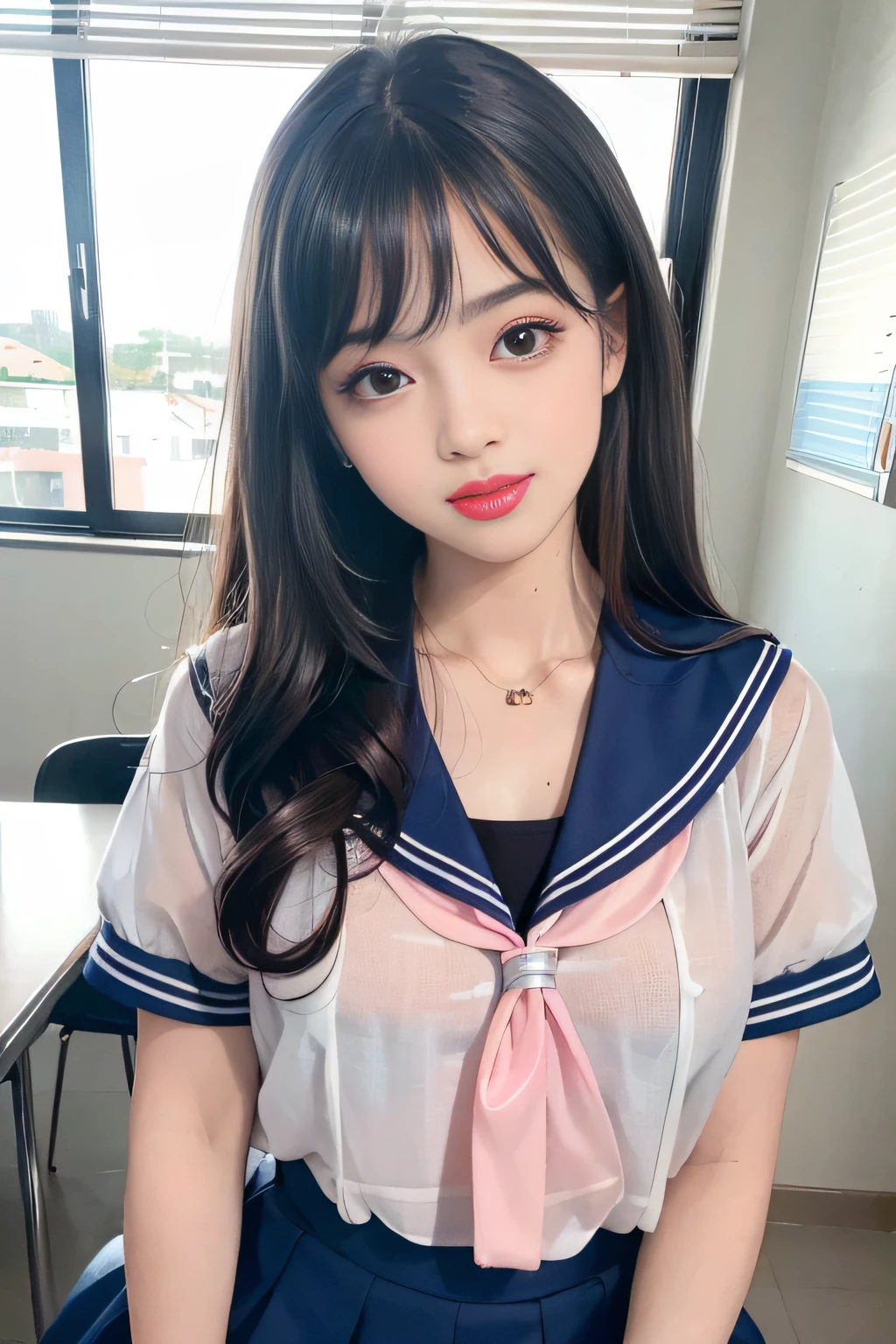 (8k, RAW photo, photorealistic:1.25) ,( lipgloss, eyelashes, gloss-face, glossy skin, best quality, ultra highres, depth of field, chromatic aberration, caustics, Broad lighting, natural shading,Kpop idol) looking at viewer with a serene and goddess-like happiness, highschool classroom, sailor uniform, mini skirt