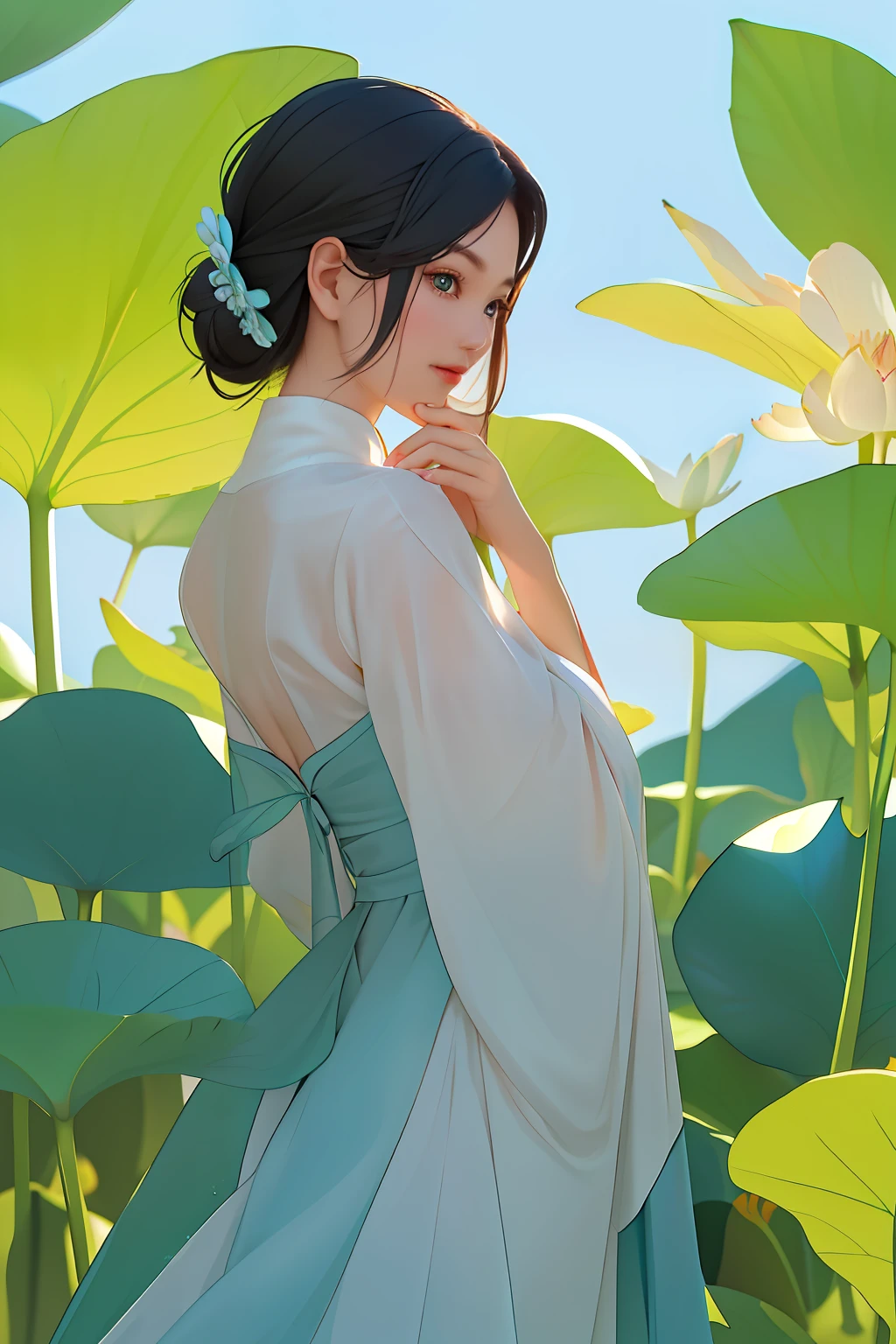 Clear face, masterpiece, ultra-detailed, epic composition, high quality, highest quality, 4k, a beautiful girl, turquoise dress, sitting on a large lotus leaf, lotus, sunlight,