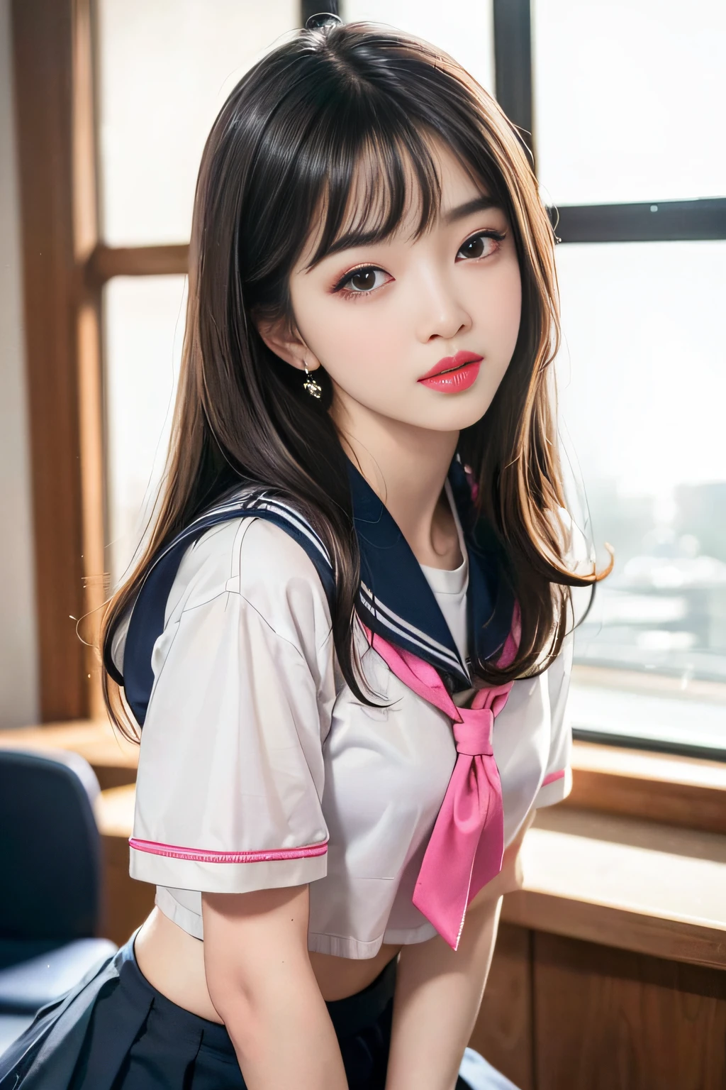 (8k, RAW photo, photorealistic:1.25) ,( lipgloss, eyelashes, gloss-face, glossy skin, best quality, ultra highres, depth of field, chromatic aberration, caustics, Broad lighting, natural shading,Kpop idol) looking at viewer with a serene and goddess-like happiness, highschool classroom, sailor uniform, mini skirt