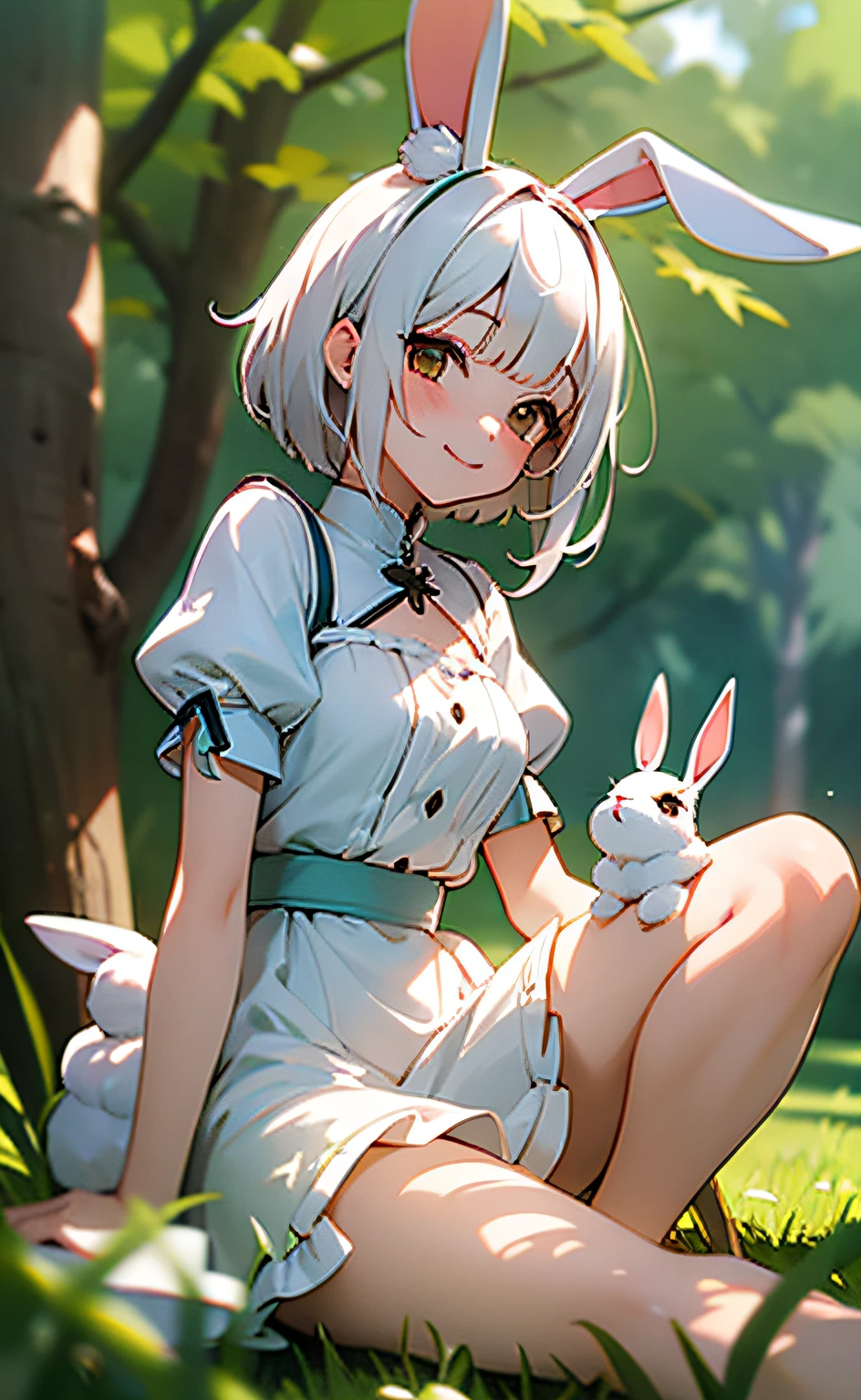 ((masterpiece,best quality)),1girl, solo, animal ears, rabbit, barefoot, knee raised, skirt, sitting position, rabbit ears, short sleeves, looking at viewer, grass, short hair, smiling, white hair, puff sleeves , outdoors, puffy short sleeves, bangs, on the ground, full body, animal, white dress, sunlight, brown eyes, dappled sunlight, daytime, depth of field