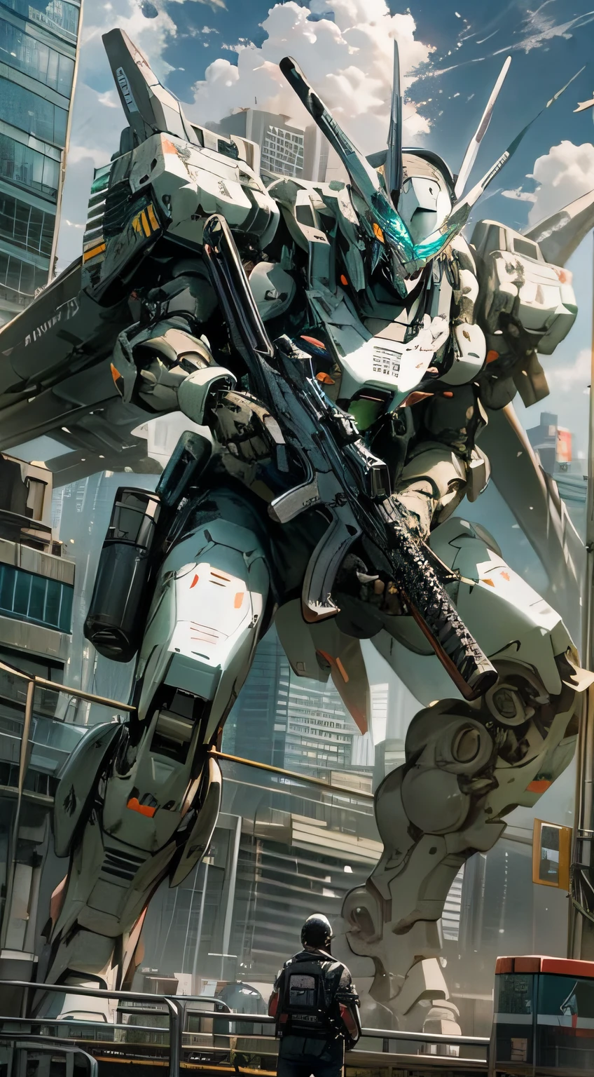 sky, cloud, holding_weapon, no_humans, glowing, , robot, building, glowing_eyes, mecha, science_fiction, city real,mecha, tokyo, optical camouflage, full-pec rifle possession, intense combat --auto --s2