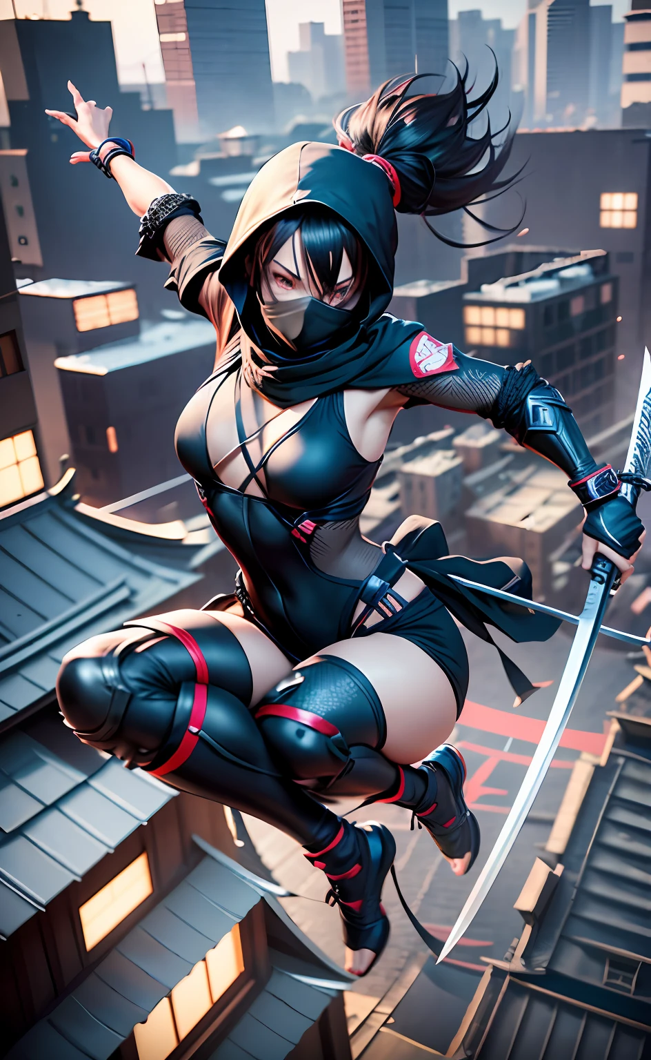 Ninja girl with black suit and hood, jumping from one roof to another in a Japanese time, long hair and tied, kunai, shuriken, holding a katana,3d render character art, 8k, 3d character art, realistic character concept, unreal 3d engine, detailed